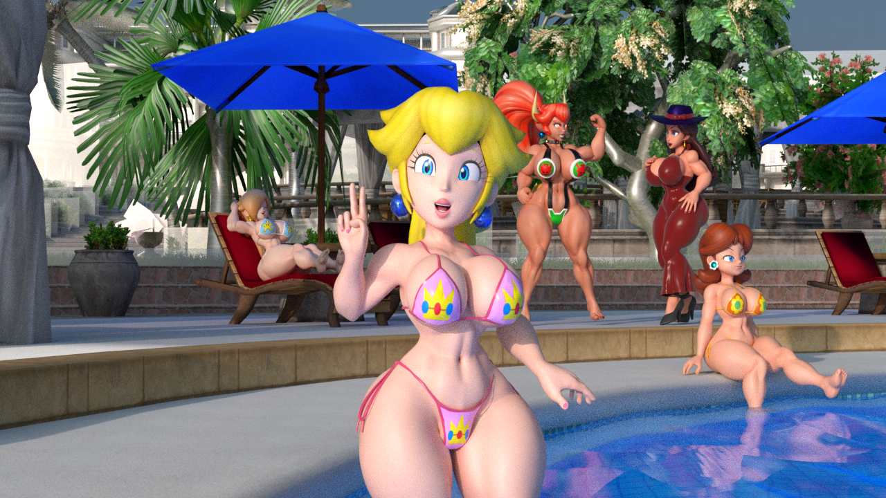 3d, 3d (artwork), ass, bikini, blender, blender (software), blender cycles, bowsette, breasts, dress, female, huge ass, huge breasts, kabalmystic (style), mario (series), muscular, muscular female, nintendo, pauline, pauline (mario), peace sign, pool, princess daisy, princess peach, princess rosalina, relaxing, self upload, smiling at viewer, voluptuous female, yaboitoxicfrank