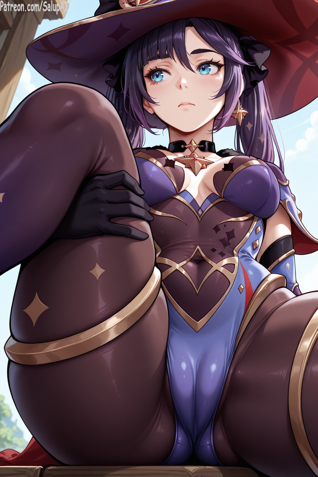 1girls, ai generated, blue eyes, breasts, cameltoe, close-up, clothed, female, female only, from below, genshin impact, holding leg, long hair, looking away, medium breasts, mona (genshin impact), navel visible through clothes, one leg up, pantyhose, patreon, purple hair, pussy, salupai, solo female, thick thighs, twintails, uncensored, watermark