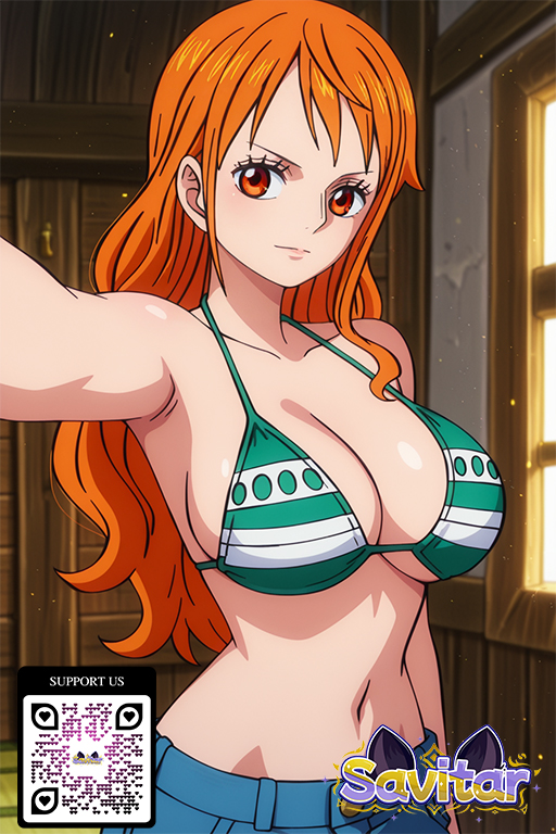 ai_generated armpits bangs bare_shoulders bikini bikini_top bikini_top_only blue_pants breasts cleavage closed_mouth clothing denim eyelashes female female_only green_bikini green_swimsuit halterneck indoors jeans large_breasts littlehentai long_hair looking_at_viewer midriff nami_(one_piece) navel one_piece orange_eyes orange_hair pants savitar savitar_(ai_generator) sidelocks smile solo stomach swimsuit upper_body window