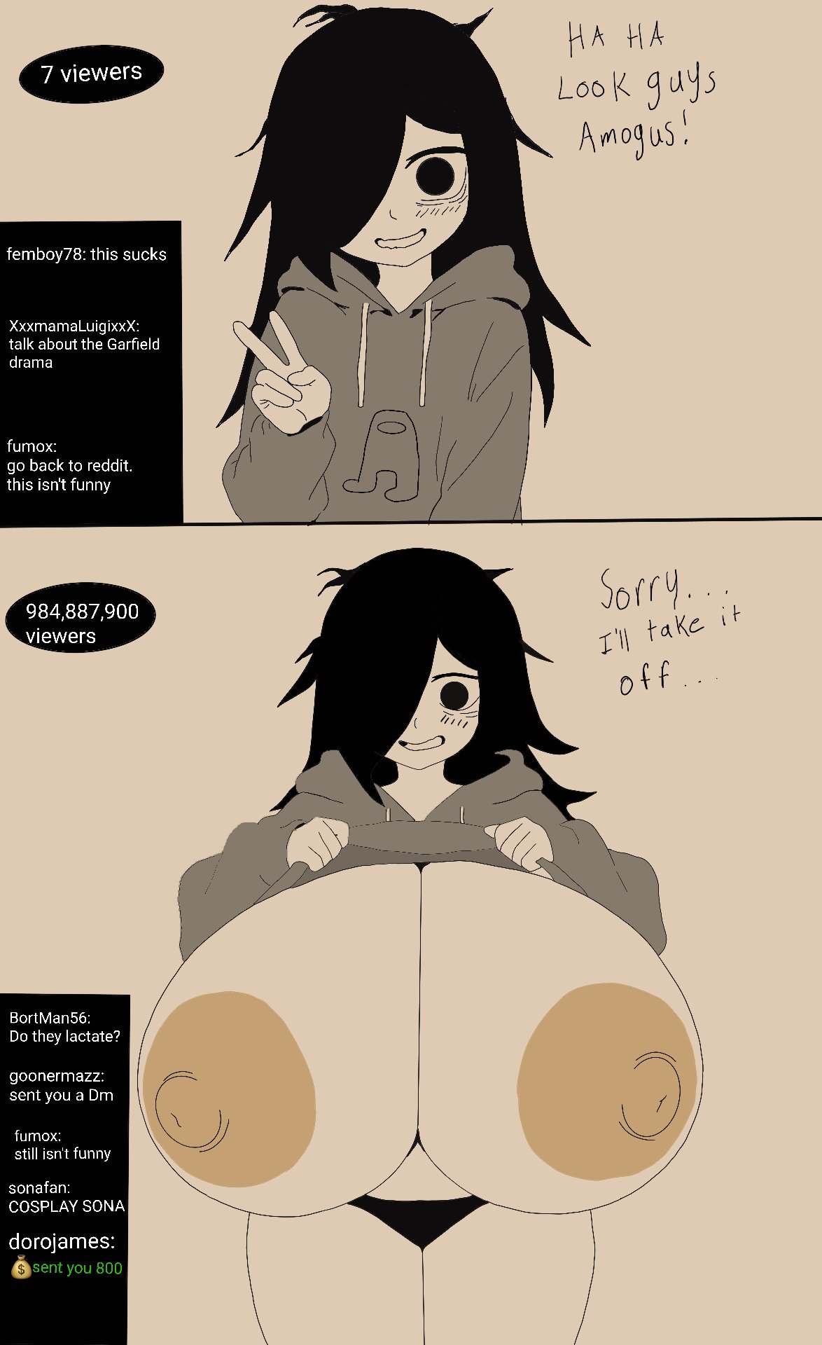 black_hair breasts_bigger_than_head dialogue hair_over_one_eye huge_breasts large_breasts oc original original_character stream_chat streaming tanukisan9997 text v