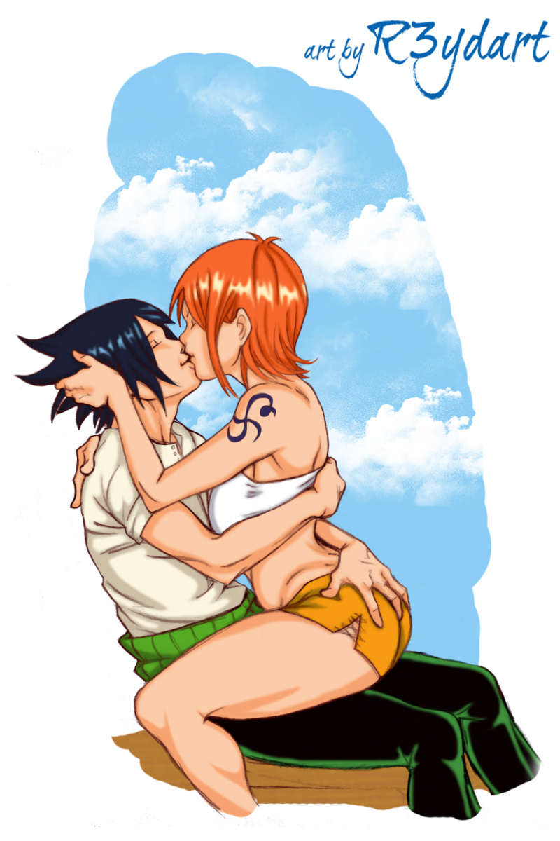 cosplay crossover female human kissing male nami naruto one_piece orange_hair pre-timeskip pre_timeskip r3ydart roronoa_zoro_(cosplay) sasuke_uchiha short_hair straight tagme tattoo