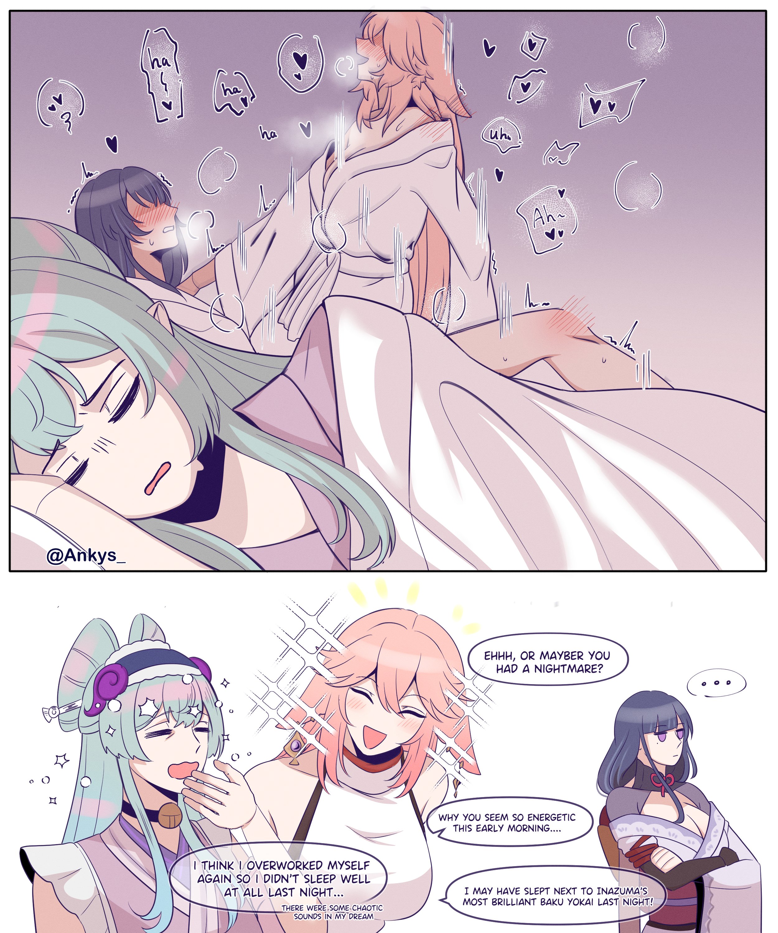 2d, 3girls, absurdres, ankie (ankys ), blush, breasts, cleavage, english text, female, genshin impact, hair between eyes, highres, japanese clothes, kimono, long hair, long sleeves, multiple females, multiple girls, pink hair, purple eyes, purple hair, raiden shogun, stealth sex, sweat, very long hair, yae miko, yumemizuki mizuki, yuri