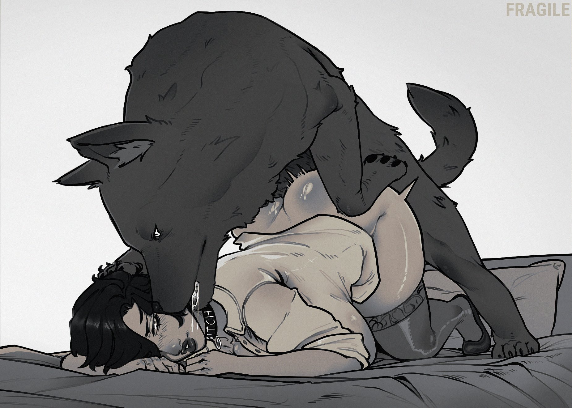 1girls, ass, big ass, bitch collar, canid, canine, canine on human, canis, choker, collar, doggy style, dominant feral, face down ass up, female, female on feral, femsub, feral, feral dominating human, feral on female, feral on human, feral penetrating, feral penetrating human, greyscale, human female, human on feral, human penetrated, interspecies, itsnotfragile, male, mounting, saliva, sex, short hair, slut collar, stockings, submissive human, thick ass, wide hips, wolf, zoophilia