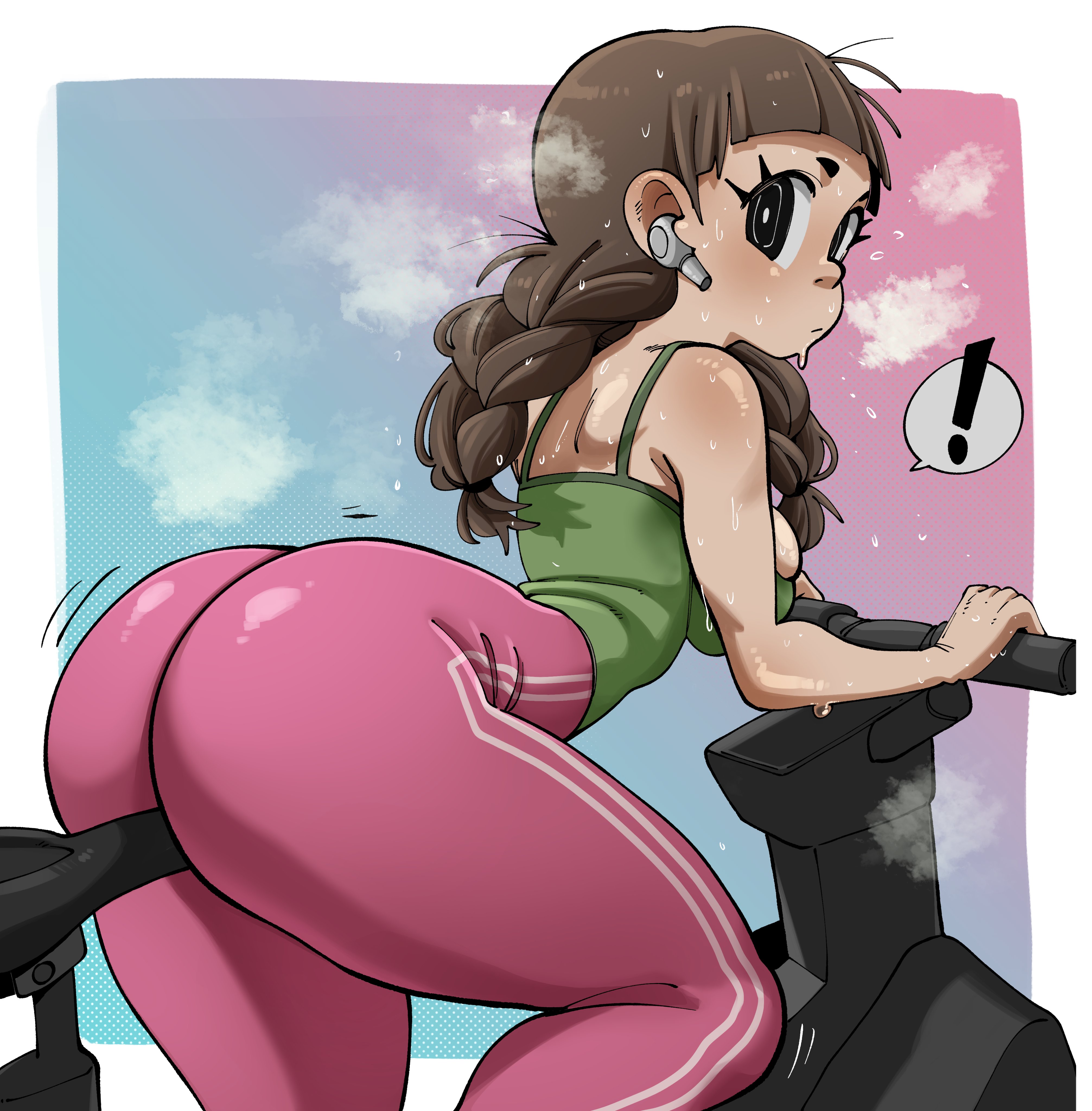 !, 1girls, absurd res, absurd resolution, absurdres, ass, ass focus, bare shoulders, big ass, big breasts, big butt, black eyes, braided ponytail, braided twintails, braids, breasts, brown hair, bubble ass, bubble butt, curvaceous, curvy, curvy female, curvy figure, exercise, exercise clothing, exercise equipment, fat ass, female, female focus, female only, gym, gym clothes, gym shirt, gym thots (nuclearwasabi & gats), hi res, high resolution, highres, insertion, large ass, large breasts, light skin, light-skinned female, long hair, looking back, musk, musk clouds, musky, nuclearwasabi, object insertion, oc, oc only, original, original character, sideboob, solo, solo female, solo focus, steam, steam clouds, steaming, steaming body, steamy, sweat, sweating, sweating profusely, sweaty, sweaty ass, sweaty body, sweaty breasts, sweaty butt, sweaty face, tagme, thick ass, track pants, twin braids, voluptuous, voluptuous female