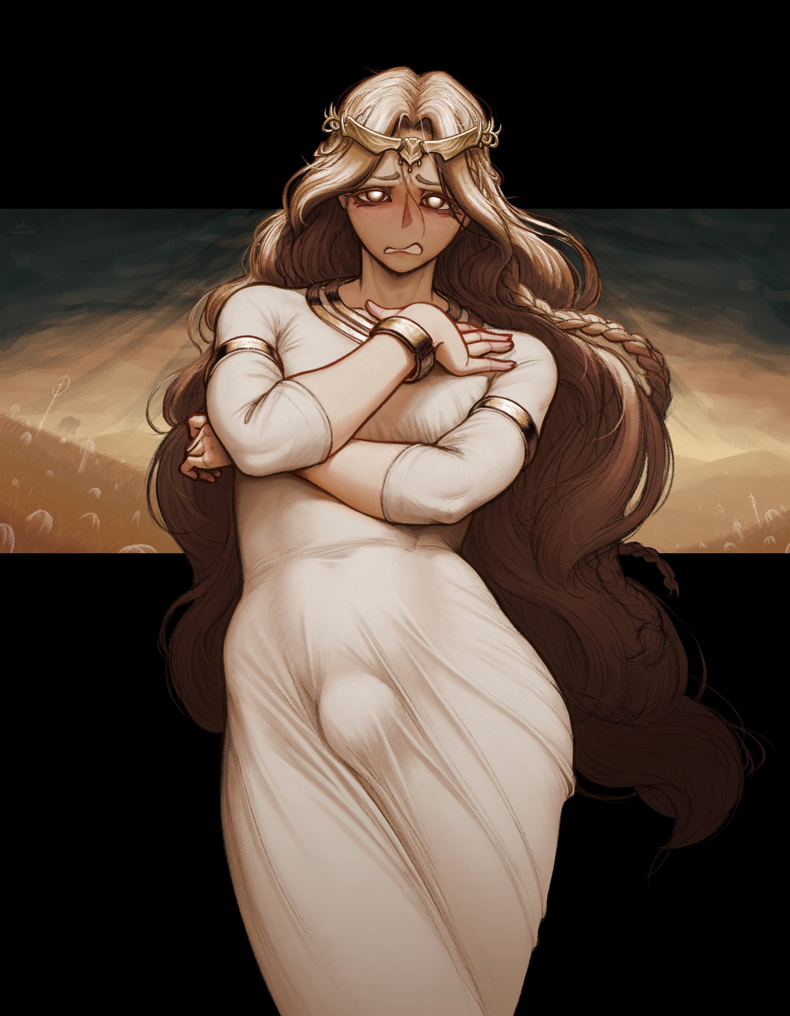 1boy, 2d, 2d (artwork), 2d artwork, arawaffle, beautiful, blonde hair, bulge, bulge through clothing, clothed, clothing, crossdressing, disgusted, elden ring, femboy, fromsoftware, long hair, male, male only, miquella, penis, penis bulge, penis under dress, shadow of the erdtree, solo, solo male, twink