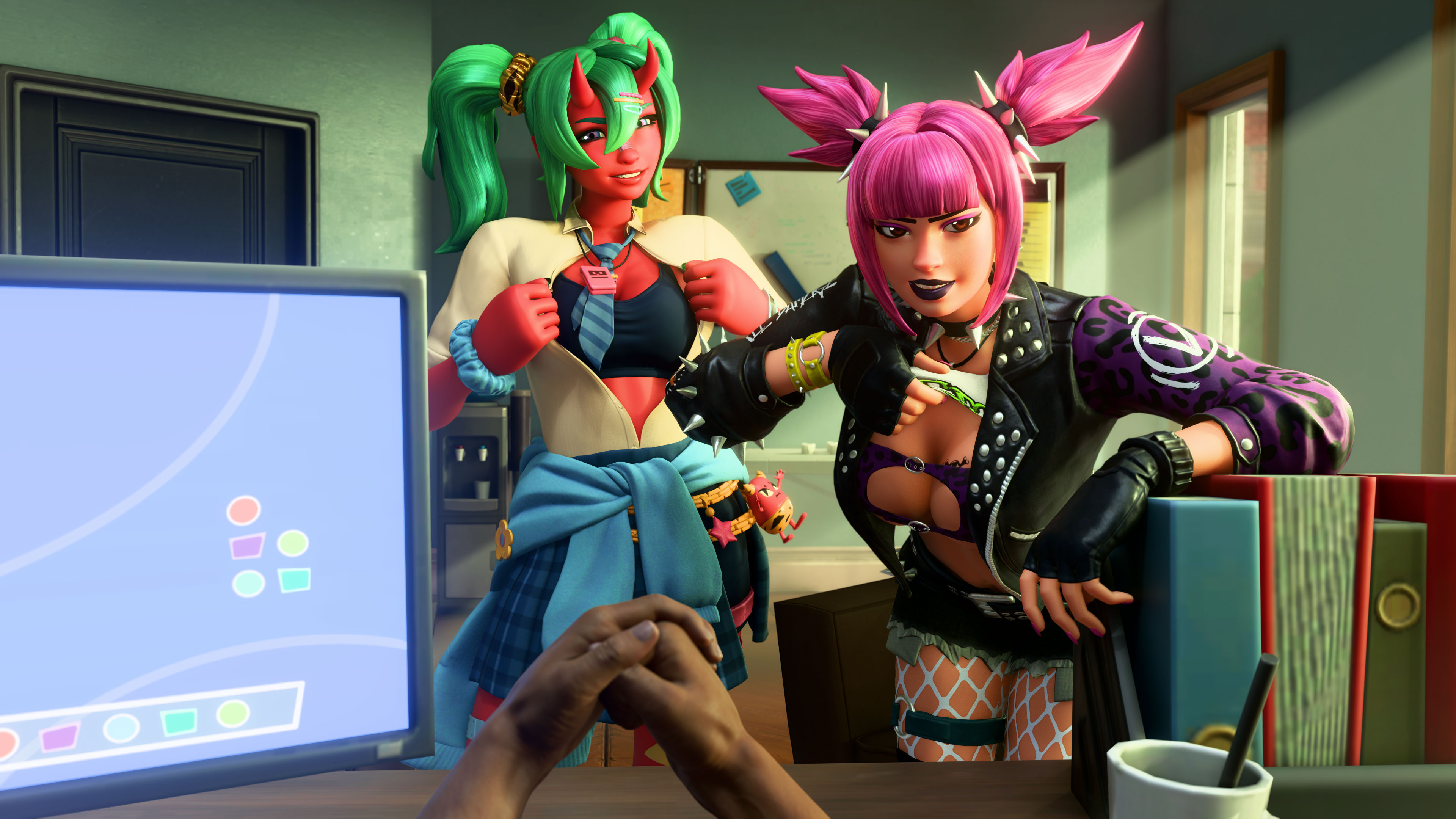 1boy, 2girls, 3d, 3d (artwork), big breasts, bra, breasts, bribery, bribery with sex, female, fortnite, green hair, looking at viewer, macklesternsfw, male, nemia (fortnite), oni, oni female, oni horns, pink hair, pov, power punk (fortnite), pulling own clothes, punk girl, shirt lift, shirt up, showing off, unbuttoned shirt