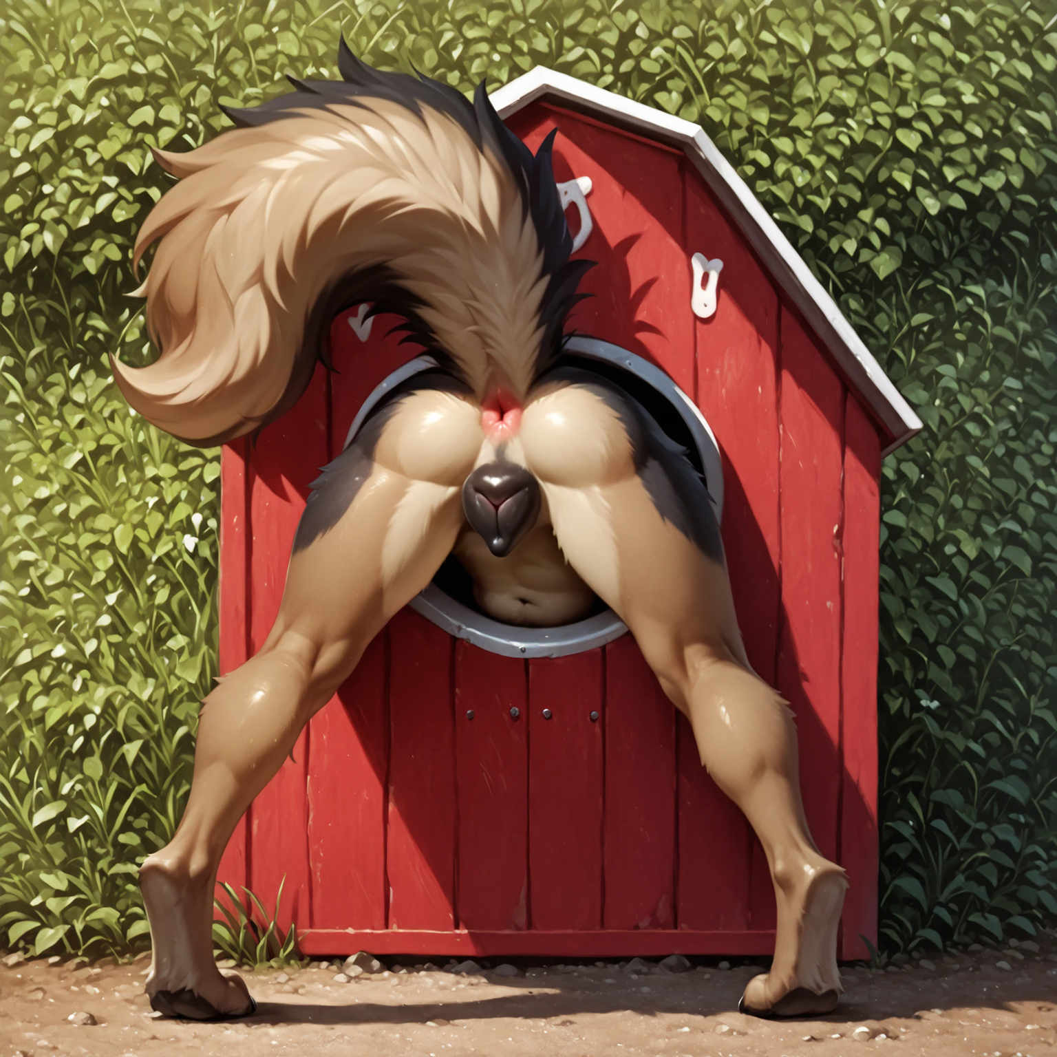 1girls, ai generated, anatomically correct genitalia, anatomically correct pussy, animal genitalia, animal pussy, anthro, anus, ass, canid, canine, canine genitalia, canine pussy, canis, director yiffy, dog, dog girl, dog tail, domestic dog, female, female only, furry, german shepherd, multicolored body, multicolored fur, naked, naked female, nude, nude female, outdoors, pussy, raised tail, rear view, self upload, solo, spread legs, stuck in wall, tagme, tail