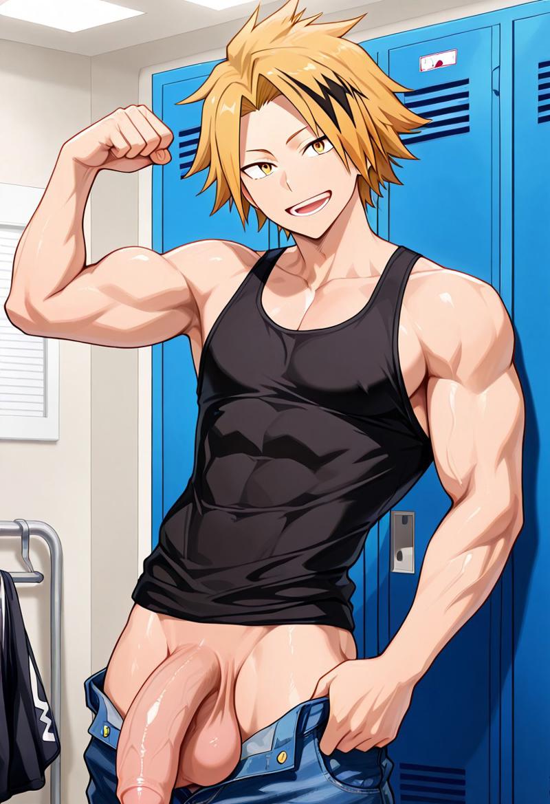 abs, ai generated, balls, biceps, big balls, big penis, blue jeans, blush, denki kaminari, erection, flexing arms, gay, locker room, looking at viewer, male, male only, muscular, muscular male, my hero academia, nipples, nude, nude male, open mouth, pants down, pecs, penis, smile, toned body, toned male, twall97, yellow eyes, yellow hair