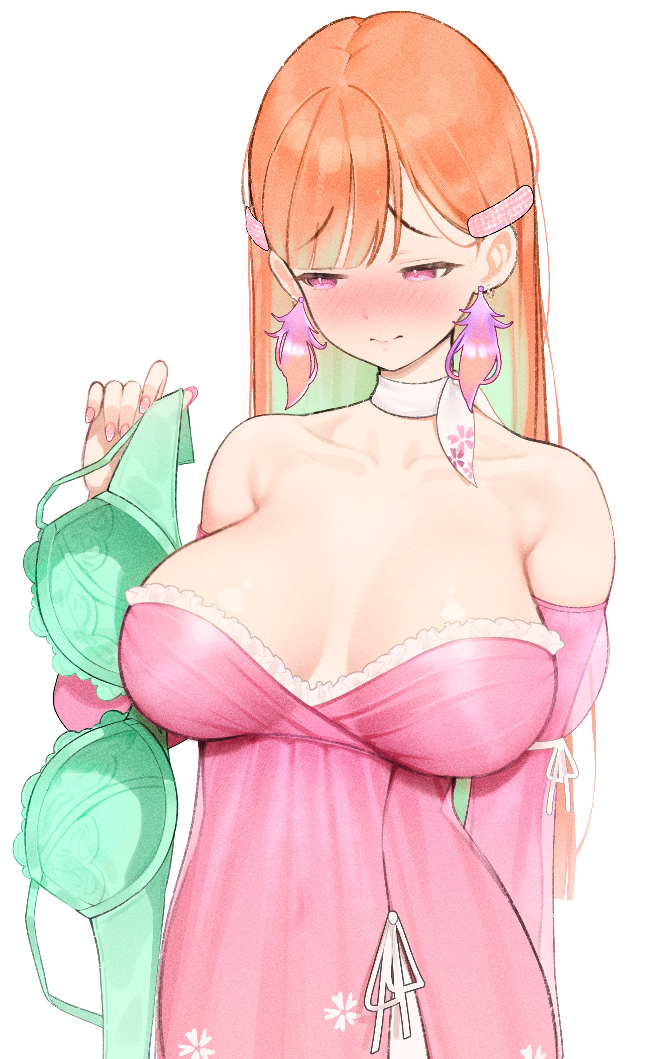 1girls, bare shoulders, blush, bra, bra removed, choker, colored inner hair, detached sleeves, dress, earrings, embarrassed, female, female only, floral print, floral print dress, frilled dress, frilled sleeves, frills, gradient hair, green bra, green hair, hi res, holding bra, hololive, hololive english, hololive myth, large breasts, light skin, light-skinned female, multicolored hair, nose blush, official alternate costume, official alternate hairstyle, orange hair, perfume (takanashi kiara), pink dress, pink eyes, pink nails, pink sleeves, prab, print dress, ribbon choker, simple background, solo, strapless, strapless dress, swept bangs, takanashi kiara, two-tone hair, virtual youtuber, white background, white choker