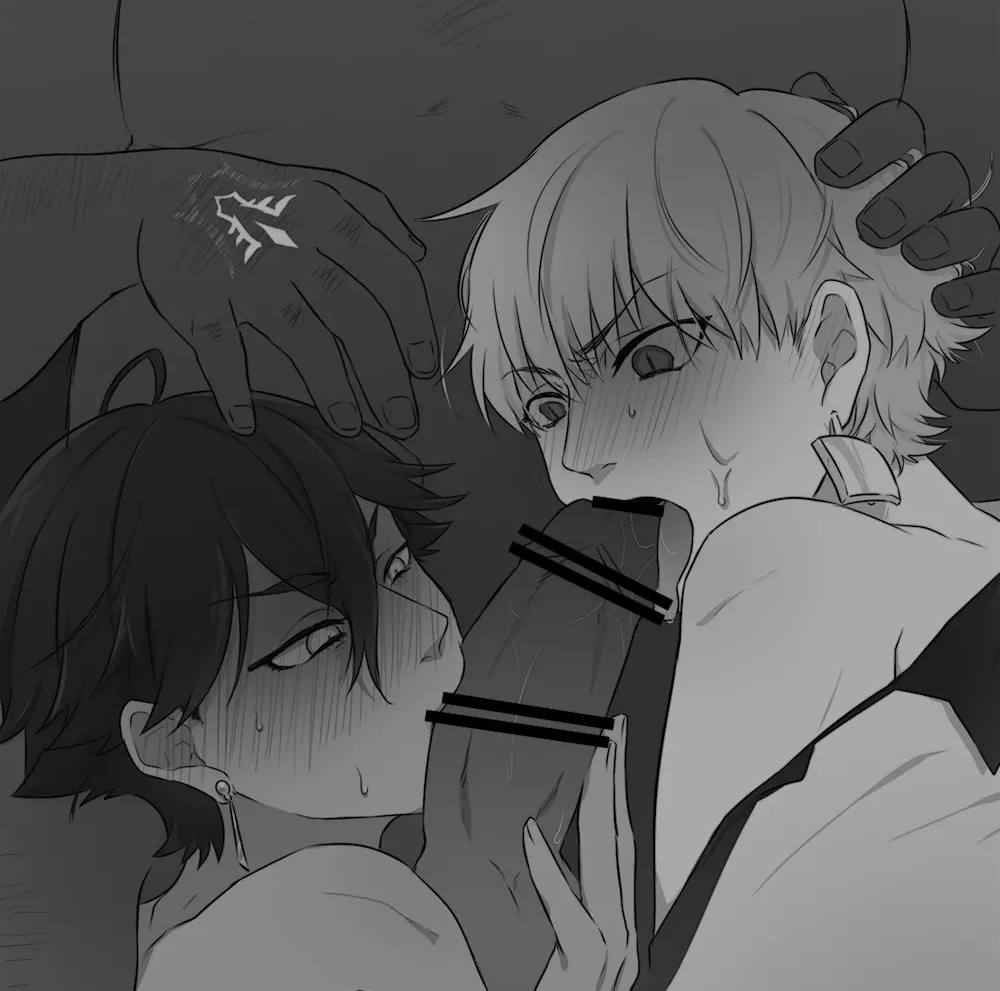 blowjob, face closeup, fate (series), fate/grand order, gay, gilgamesh, gilgamesh (fate), male, male only, monochrome, ozymandias (fate), yaoi