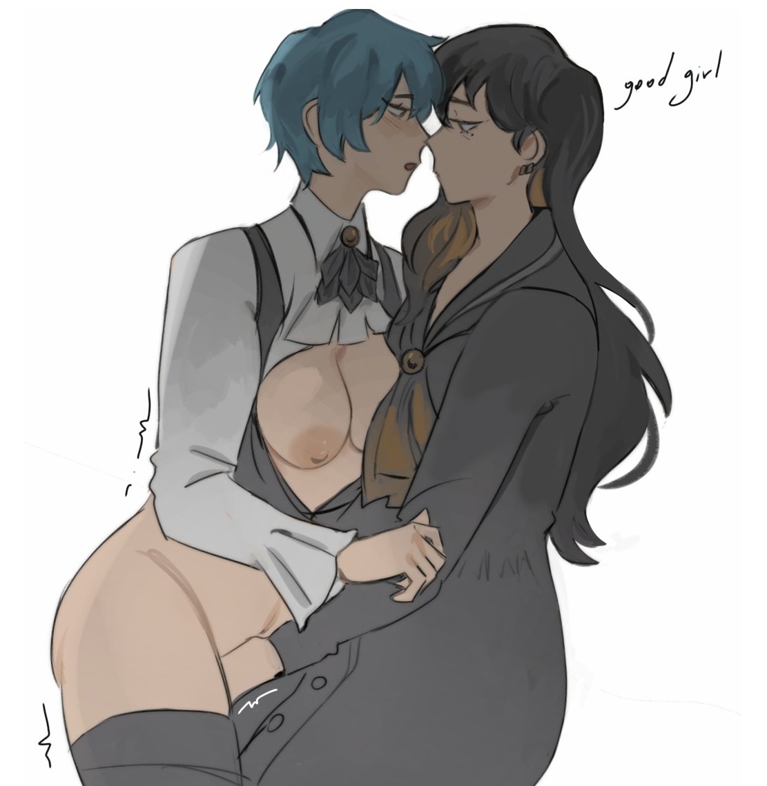 angela (library of ruina), angela (lobotomy corporation), binah, black hair, blue hair, breasts, breasts out, clothed sex, dearpupa, female, fingering, lesbian sex, library of ruina, lobotomy corporation, long hair, mole, mole under eye, pants down, piercing, project moon, short hair, tagme, yuri