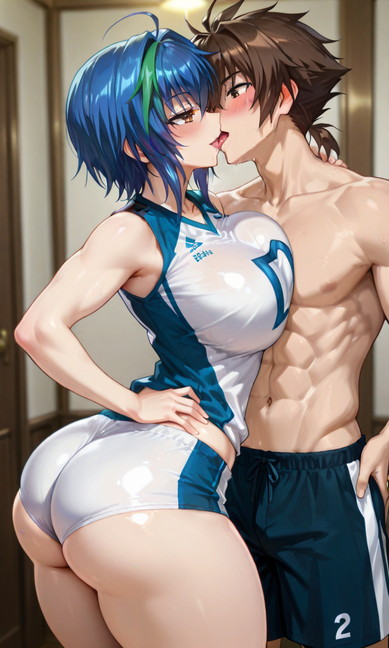 ai generated, curvy body, curvy figure, deep kiss, female, french kiss, high school dxd, hyoudou issei, perfect ass, perfect body, xenovia quarta