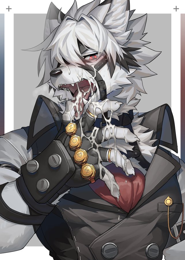 1boy, anthro, blush, canid, canine, clothed, cum, cum in mouth, cum on face, cum on fingers, cum on hand, excessive cum, fingerless gloves, fluffy, fur, furry, male, male only, open mouth, red eyes, sharp teeth, solo, solo male, straps, tight clothing, tongue, tongue out, ty arashi, von lycaon, wolf, zenless zone zero