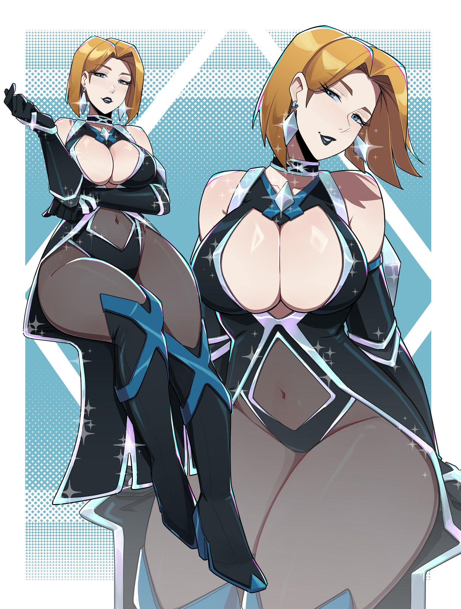 1girls, aneurysm.ax, ass, axiyo, big ass, big breasts, big thighs, black boots, black gloves, black lips, black lipstick, blonde female, blonde hair, blue eyes, bob cut, boots, breasts, choker, cleavage, curvaceous, curvy, curvy figure, digital media (artwork), earrings, elbow gloves, emma frost, emma frost (marvel rivals), female, gloves, hellfire club, highres, hips, hourglass figure, huge ass, huge breasts, huge thighs, jewelry, large ass, large breasts, large thighs, leotard, light skin, light-skinned female, lipstick, looking at viewer, makeup, marvel, marvel comics, marvel rivals, mutant, mutant (marvel), navel, see-through clothes, short hair, slim waist, smile, solo, thick, thick hips, thick legs, thick thighs, thighs, voluptuous, waist, white queen, wide hips, wide thighs, x-men