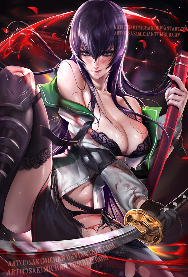 bra, breasts, cleavage, female, highschool of the dead, katana, large breasts, lingerie, long hair, panties, purple hair, saeko busujima, sakimichan, solo, sword, thighhighs, weapon