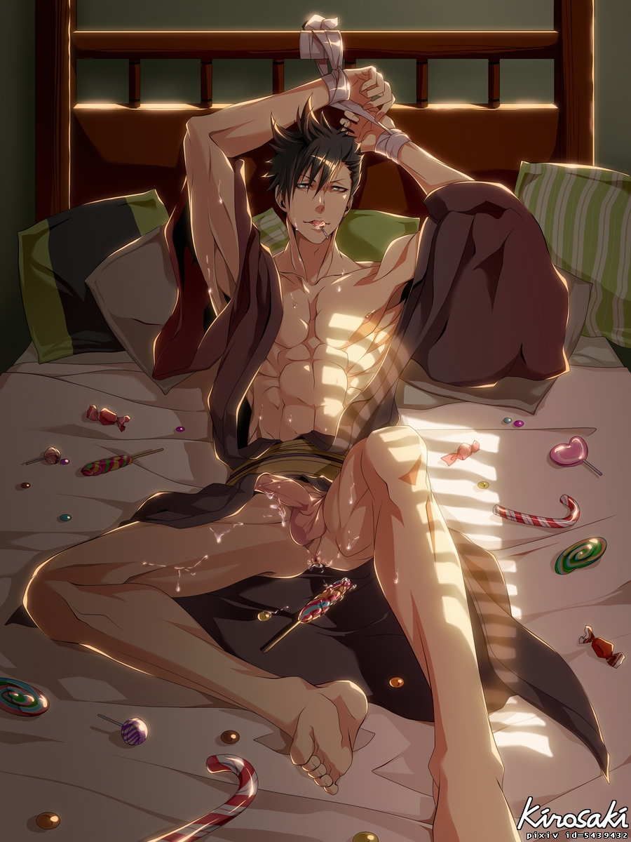 anal, bed, black hair, candy, cum, haikyuu!!, kuroo tetsurou, male, male only, nude, penis, pillow, restrained, solo, undressing
