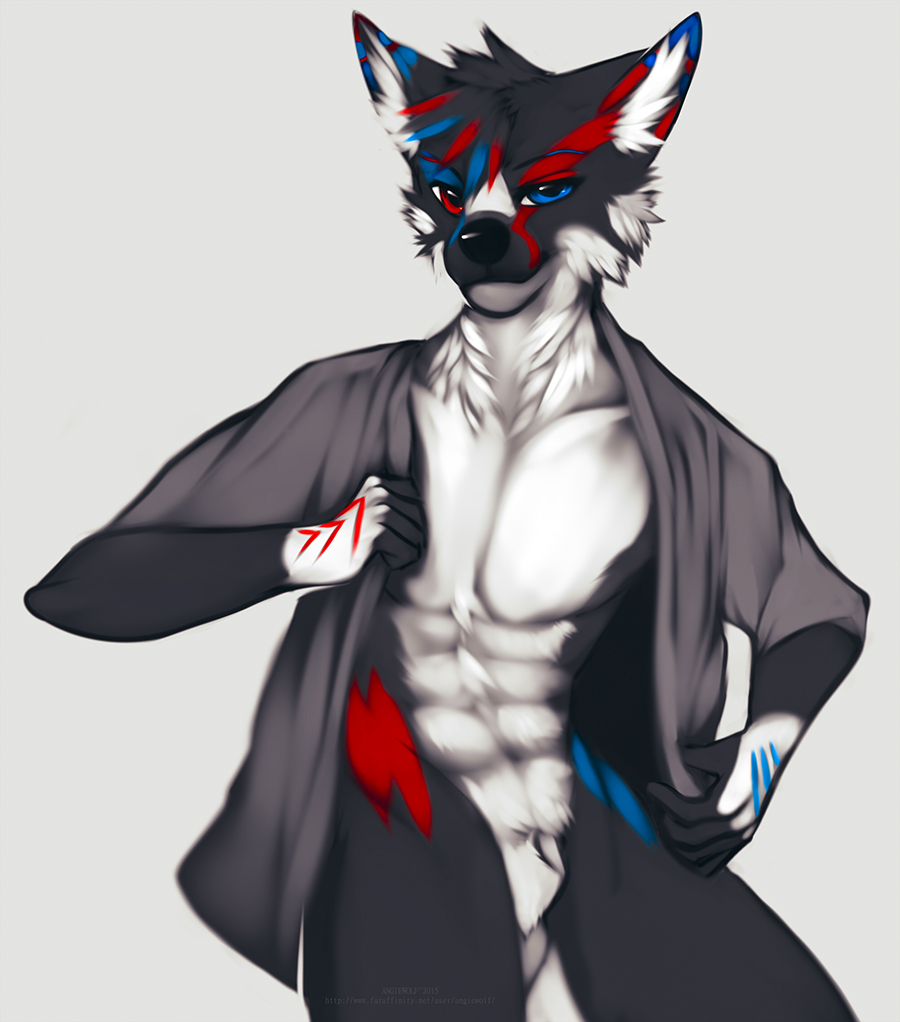 1boy angiewolf anthro blue_eyes bottomless canine clothed clothing fur half-dressed male male_only mammal open_clothes open_shirt partially_clothed red_eyes shadowthedemon sheath shirt solo standing wolf