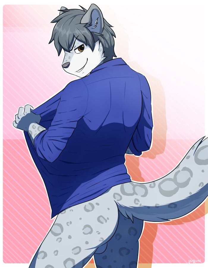 1boy 2015 anthro ass backsack balls clothed clothing feline grin half-dressed leopard looking_at_viewer male male_only mammal novus presenting simple_background smile snow_leopard solo striptease undressing yuguni