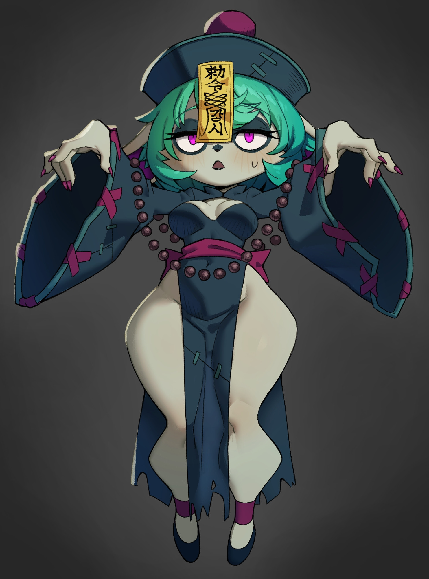 1girls, blush, breasts, chinese clothes, clothing, female, female only, flats, flowerpigeon73, green hair, hat, heels, hips, horny, horny female, jiangshi, league of legends, legs, ofuda, ofuda on head, purple eyes, purple nails, qing guanmao, qiqi (cosplay), sexy, sexy outfit, shoes, shortstack, simple background, small breasts, solo, solo female, sweat, sweatdrop, text, thick thighs, thighs, v legs, vex (league of legends), wide hips, yordle