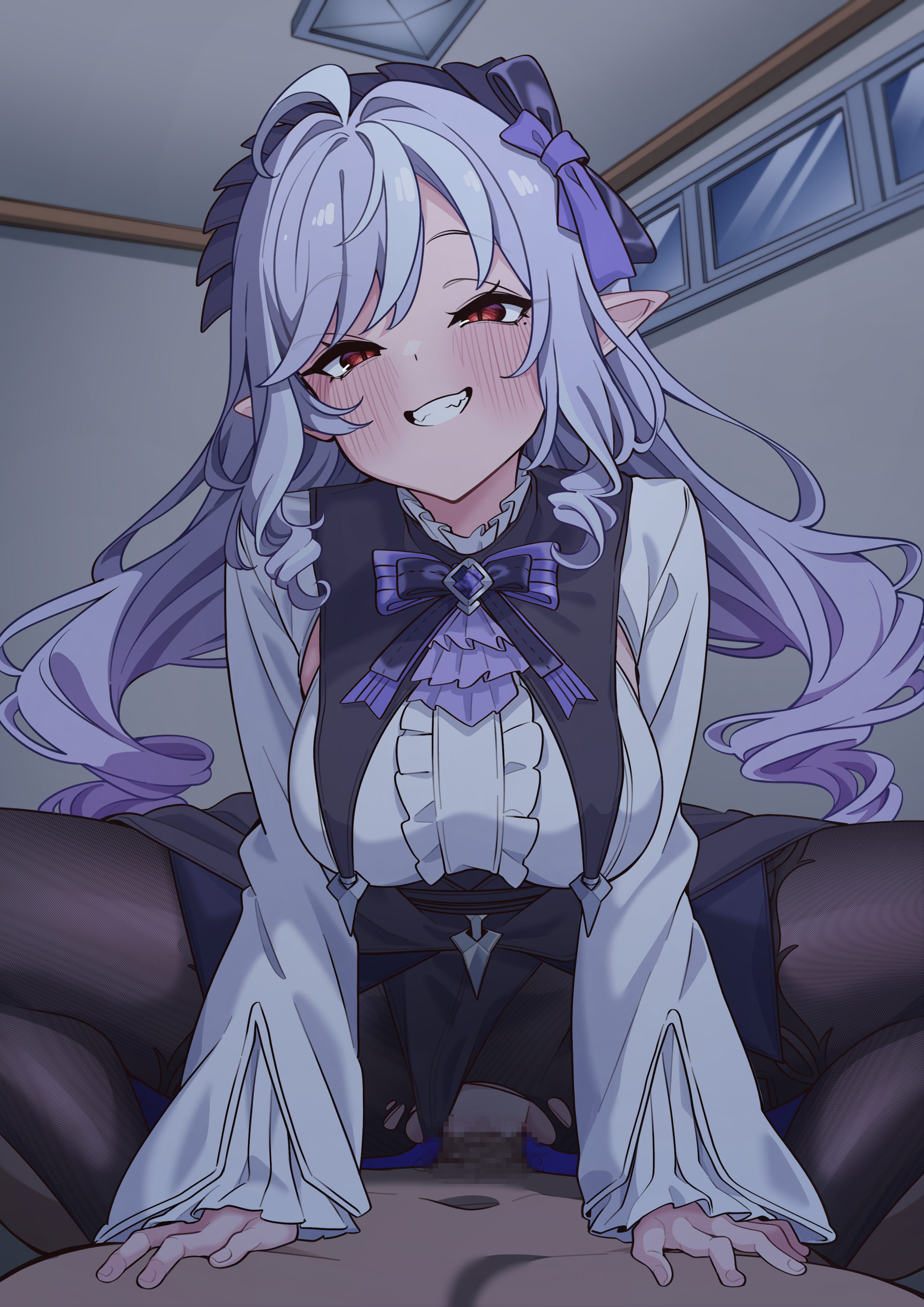 1boy, 1girls, absurdres, ahoge, ascot, black pantyhose, blush, bow, bowtie, breasts, ceiling, ceiling light, censored, center frills, clothed female nude male, commentary, cowgirl position, drill hair, erection, fangs, female, frilled hairband, frills, gem, grin, hairband, hands on another's chest, highres, indoors, long hair, looking at viewer, lying, male, medium breasts, mekato, mole, mole under eye, mosaic censoring, nude, on back, paid reward available, pantyhose, parted bangs, pointy ears, pov, purple ascot, purple bow, purple bowtie, purple gemstone, purple hair, purple ribbon, pussy, red eyes, ribbon, sex, slit pupils, smile, spread legs, squatting, straddling, straight, teeth, torn clothes, torn pantyhose, vaginal penetration, vivian (zenless zone zero), vivian banshee, window, zenless zone zero