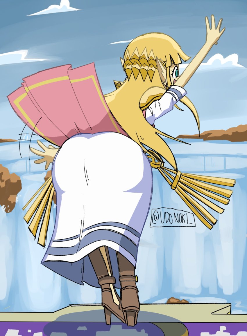 1girls, 2d, 2d (artwork), 2d artwork, a link between worlds, a link to the past, artist logo, artist name, artist signature, ass, ass focus, ass up, bending, bending forward, bending over, bending over position, bent forward, bent over, big ass, blonde female, blonde hair, blonde-haired female, blue eyes, blue sky, booty, butt focus, butt up, clothed, clothed female, dress, dressed, earrings, elf ears, female, from behind, high heels, jewelry, long hair, nintendo, pointy ears, princess, princess zelda, sky, smile, sole female, solo, solo female, super smash bros., super smash bros. ultimate, the legend of zelda, tiara, triforce, udonoki, video game, video game character, video game franchise, video games, waterfall, waving, white dress, yellow hair, yellow-haired female, zelda (a link between worlds), zelda (a link to the past)