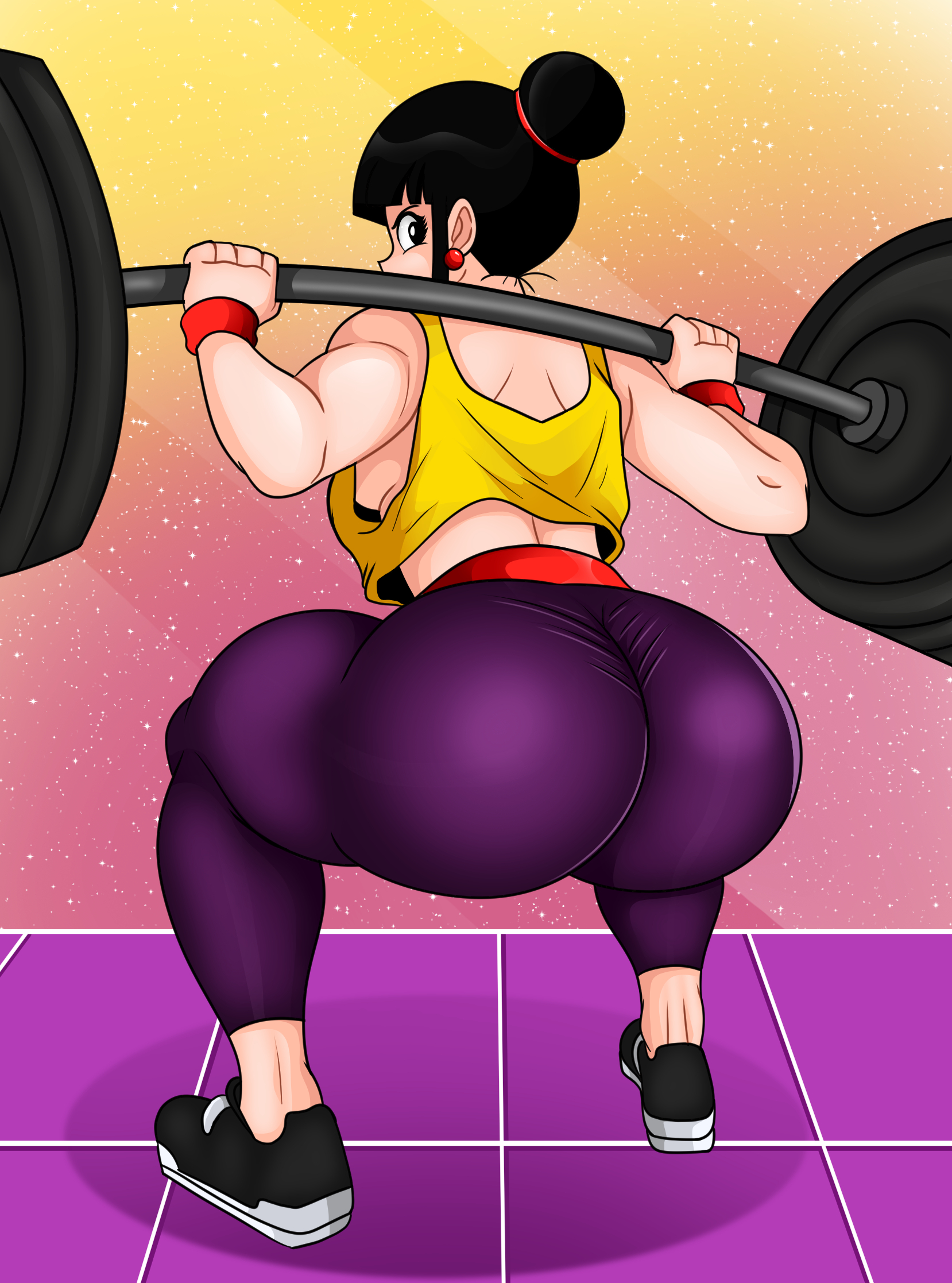 1girls, 2d, ass, barbell, big ass, black eyes, black hair, bottomwear, chichi, chichi (beginning of z), dragon ball, ear piercing, earrings, female, female only, footwear, full body, full color, fully clothed, gym clothes, hair bun, huge ass, legs, looking back, mature, mature female, mature woman, milf, mother, no penetration, pants, purple pants, shoes, solo, solo female, sonson-sensei, sports bra, sports uniform, sportswear, squatting, topwear, weightlifting