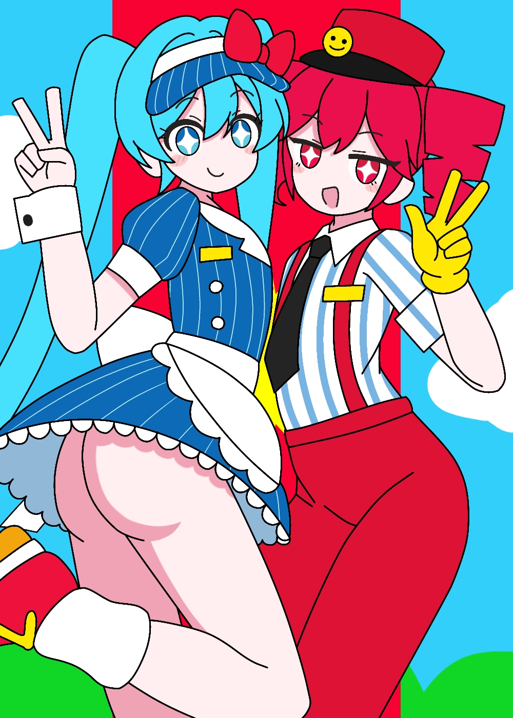  , 2d, 2d (artwork), 2girls, accurate art style, apron, aqua eyes, aqua hair, artist request, ass, ass focus, black necktie, blue dress, blue eyes, blue hair, blush, bottomless, bow, clothed, clothed female, clothing, curvy, curvy female, curvy figure, detached cuffs, dress, drill hair, female, female focus, female only, flat chest, fully clothed, gloves, hat, hatsune miku, hips, kasane teto, kasane teto (sv), large ass, leg up, long hair, looking at viewer, mesmerizer (vocaloid), mesmerizer miku, mesmerizer teto, multiple girls, necktie, no panties, open mouth, pants, peace sign, petite, petite female, raised leg, red bow, red eyes, red footwear, red hair, red headwear, shirt, short sleeves, simple background, skirt, slim female, slim waist, smile, sparkling eyes, standing, standing on one leg, striped, striped dress, suspenders, synthesizer v, thick thighs, thighs, twin drills, twintails, upskirt, utau, v, vertical stripes, very long hair, visor cap, vocaloid, waist apron, wrist cuffs