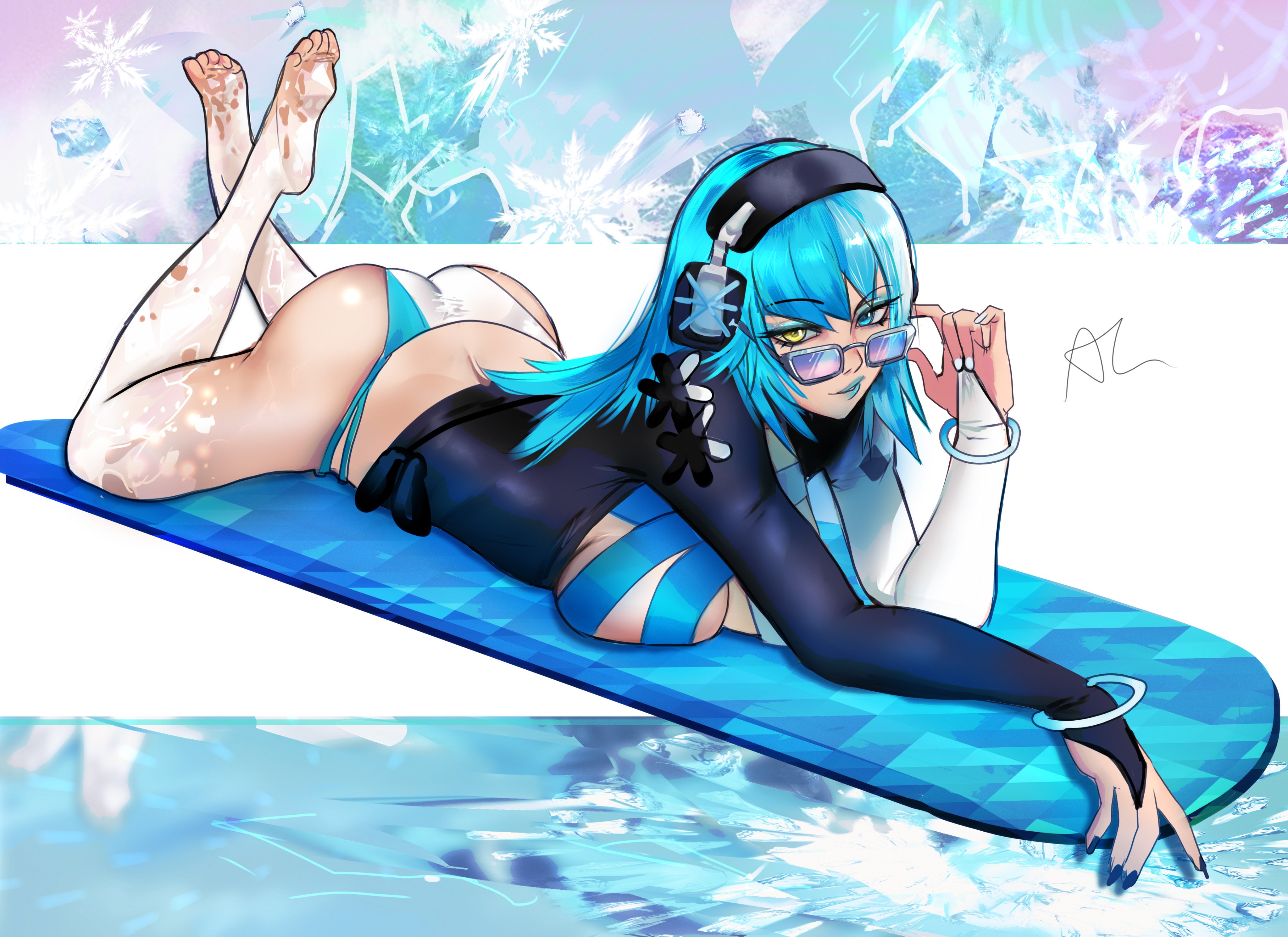 1girls, adjusting eyewear, arialla draws, ass, barefoot, big ass, big breasts, blue lipstick, blue nails, breasts, feet, female, female only, lipstick, looking over eyewear, looking over sunglasses, luna snow, luna snow (cool summer), luna snow (marvel rivals), marvel, marvel comics, marvel rivals, nail polish, sunglasses, surfboard, thick thighs, tinted eyewear, white nails