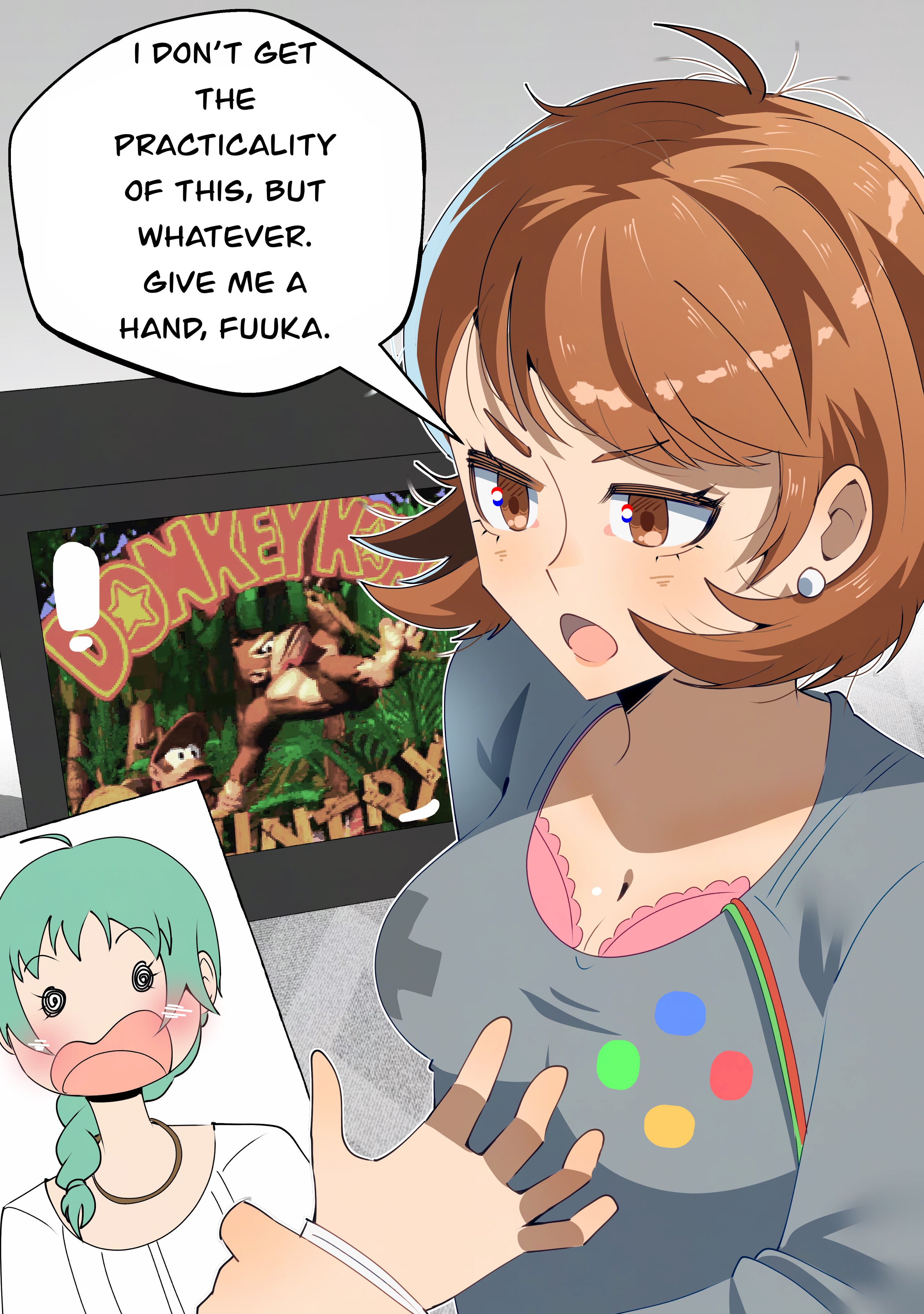 2girls, big breasts, blush, bra, bra peek, breasts, brown eyes, brown hair, controller shirt, dialogue, donkey kong (series), donkey kong country, earrings, english text, female, female only, fuuka yamagishi, game controller print, gjh 1, groping, hi res, highres, imminent grope, megami tensei, multiple females, multiple girls, oblivious, open mouth, persona, persona 3, persona 4 arena, persona 4 arena ultimax, pink bra, short hair, teal hair, text, yukari takeba
