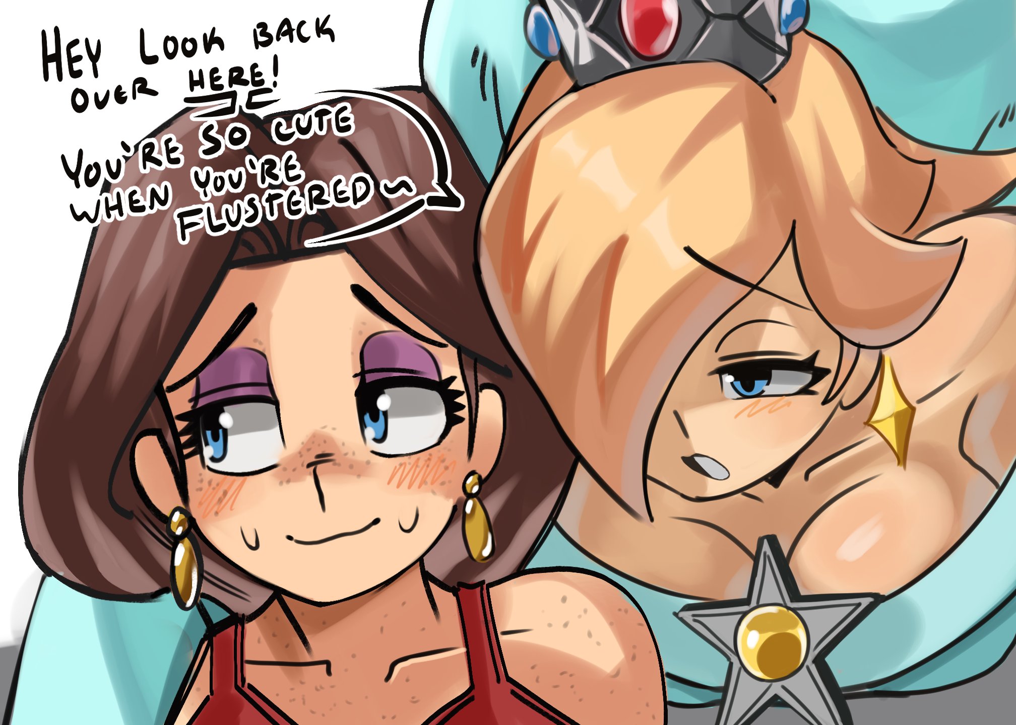 2girls, big breasts, blonde hair, blue eyes, blush, breasts, brown hair, busty, cleavage, crown, dialogue, earrings, english text, female, flustered, freckles, hair over one eye, light skin, light-skinned female, mario (series), moxydraws, moxydrawsmore, nintendo, pauline, princess rosalina, purple eyeshadow, up close, yuri