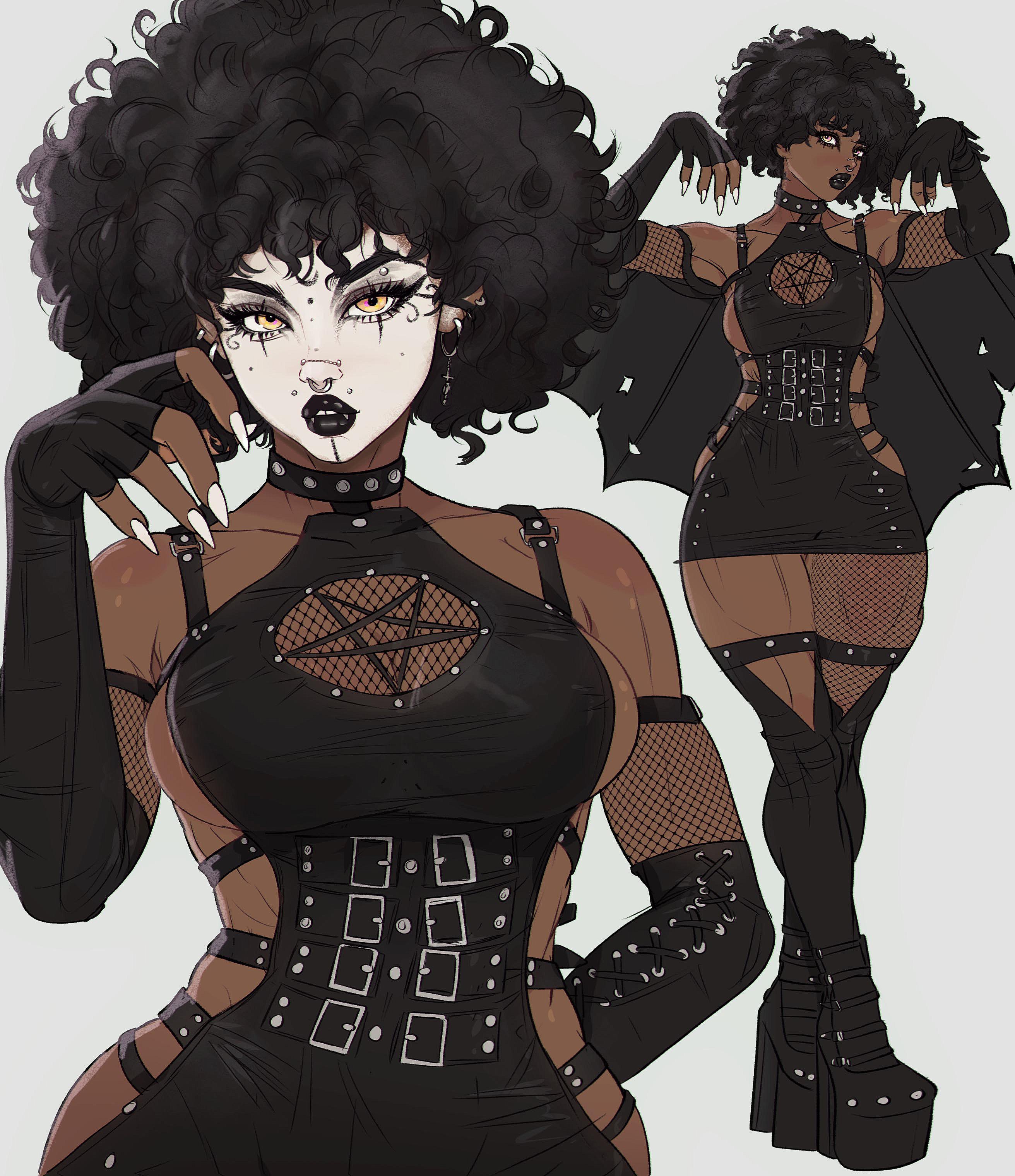 1girls, afro, arms up, black clothing, black dress, black hair, black lipstick, black woman, breasts, choker, curly hair, curvy, dark, dark skin, dark-skinned female, dress, earrings, face paint, face piercings, female, female only, fishnets, goth, goth girl, heel boots, heels, lipstick, looking at viewer, muscular, muscular female, original, original character, pentagram, short hair, sideboob, solo, solo female, thick lips, thick thighs, thighs, trad goth, white facepaint, yellow eyes, yoracrab