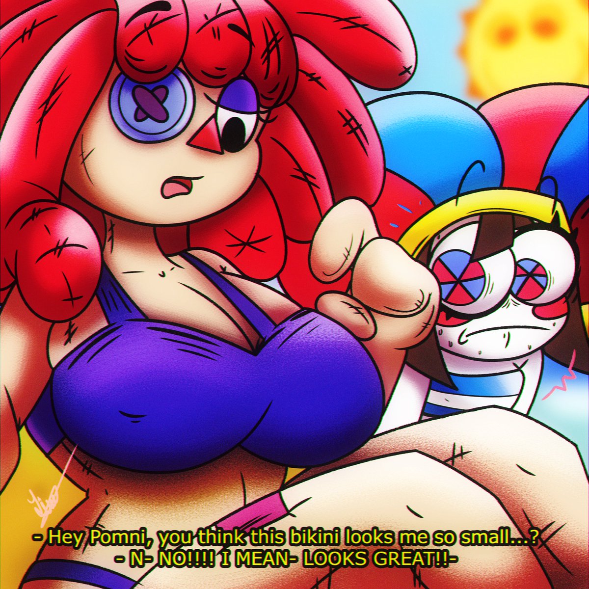 beach background, big breasts, bikini, looking at breasts, looking down at another, lxd369, ova, pomni (the amazing digital circus), ragatha (the amazing digital circus), surprised expression, the amazing digital circus, yuri