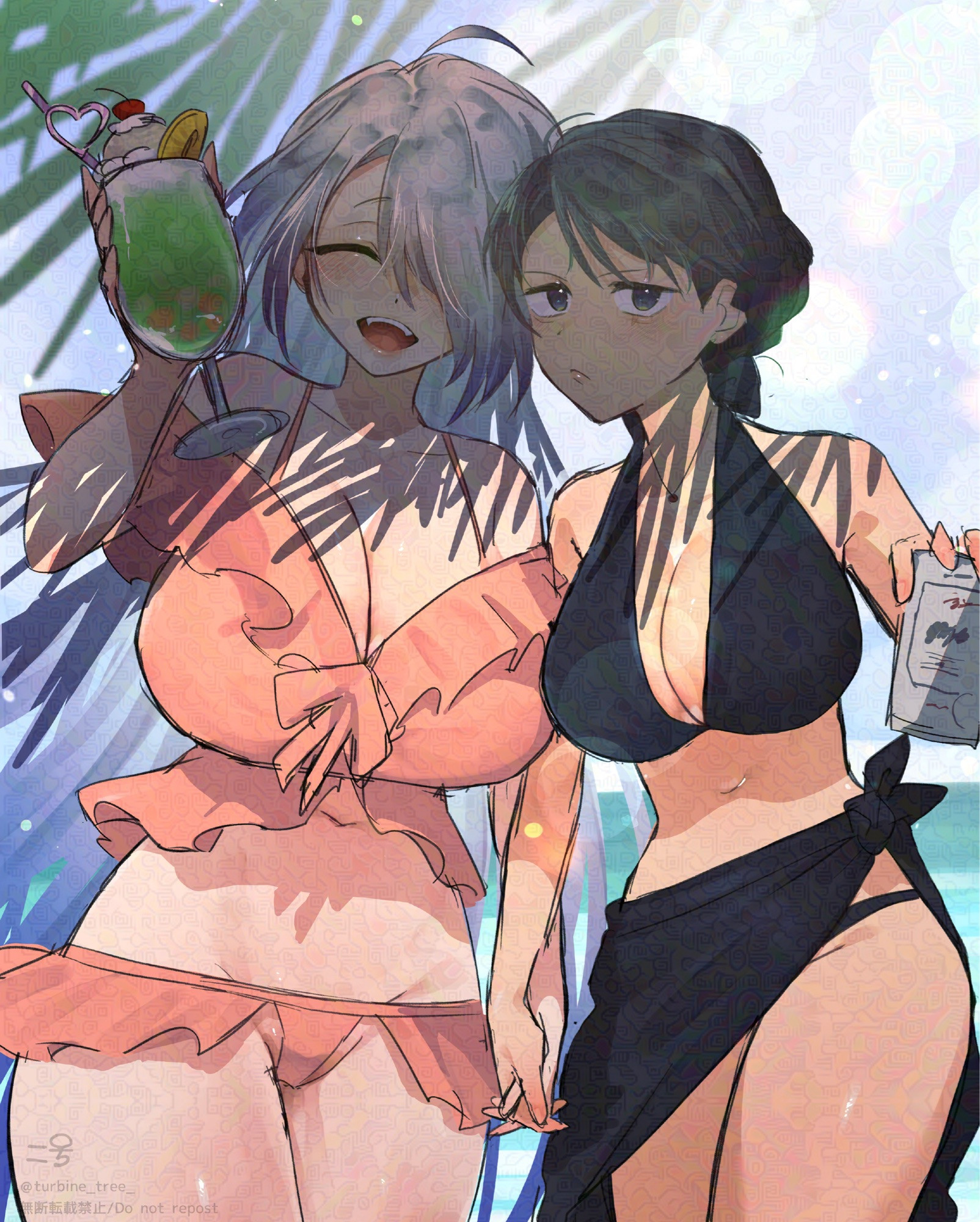 2girls, alternate costume, beach, beer can, big breasts, bikini, black bikini, black hair, breast size difference, breasts, cleavage, drink, female, female only, gegege no kitarou, genderswap (mtf), hair over one eye, holding hands, huge breasts, kitarou tanjou gegege no nazo, long hair, looking at viewer, medama oyaji (human), mizuki (gegege no kitarou), pink bikini, rule 63, sarong, smile, soda, turbine tree, white hair, wholesome, wide hips, yuri