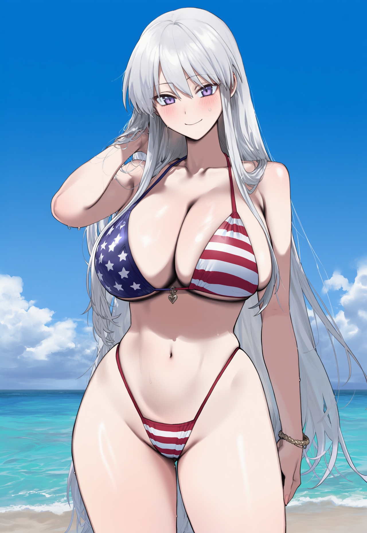 ai generated, american flag bikini, azur lane, big breasts, breasts, enterprise (azur lane), female, long hair, truck kun, white hair