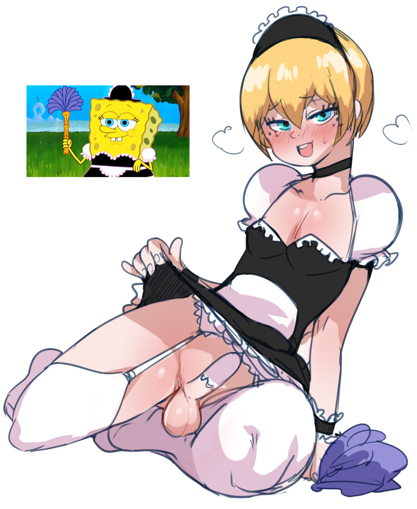 choker, femboy, garter straps, lightsource, looking at viewer, lying on side, maid uniform, male, penis, reference image, screenshot insert, skirt lift, solo, spongebob squarepants, spongebob squarepants (character), thick thighs, thighhighs