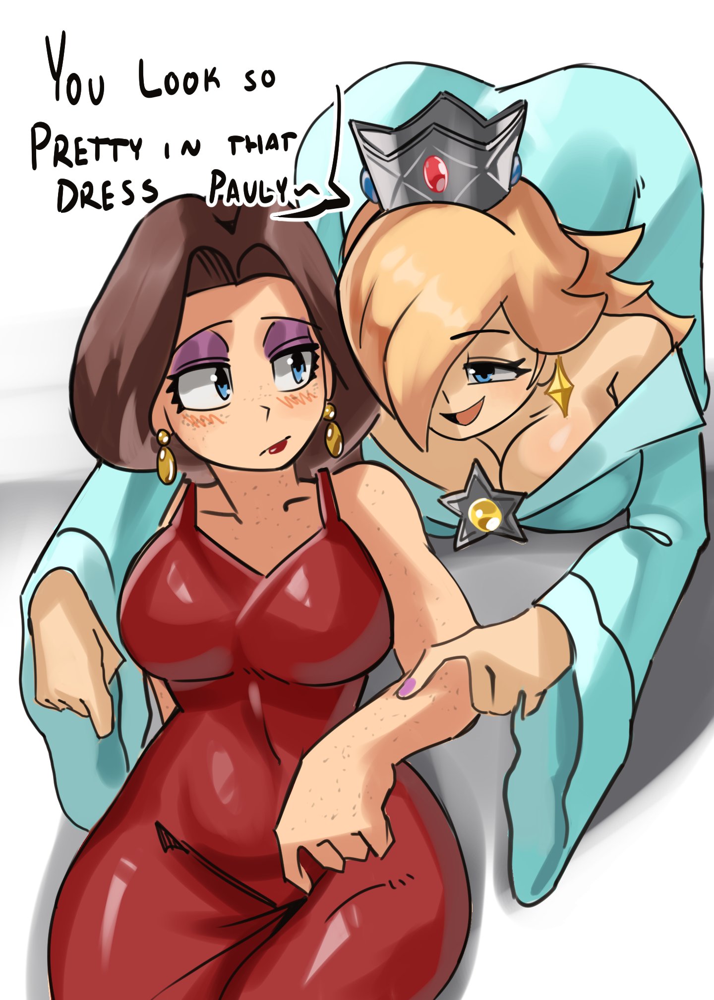 2girls, big breasts, blonde hair, blue dress, blue eyes, breasts, brown hair, busty, cleavage, crown, curvy, dialogue, english text, female, freckles, hair over one eye, light skin, light-skinned female, mario (series), moxydraws, moxydrawsmore, nintendo, pauline, princess rosalina, purple eyeshadow, red dress, tight dress, yuri