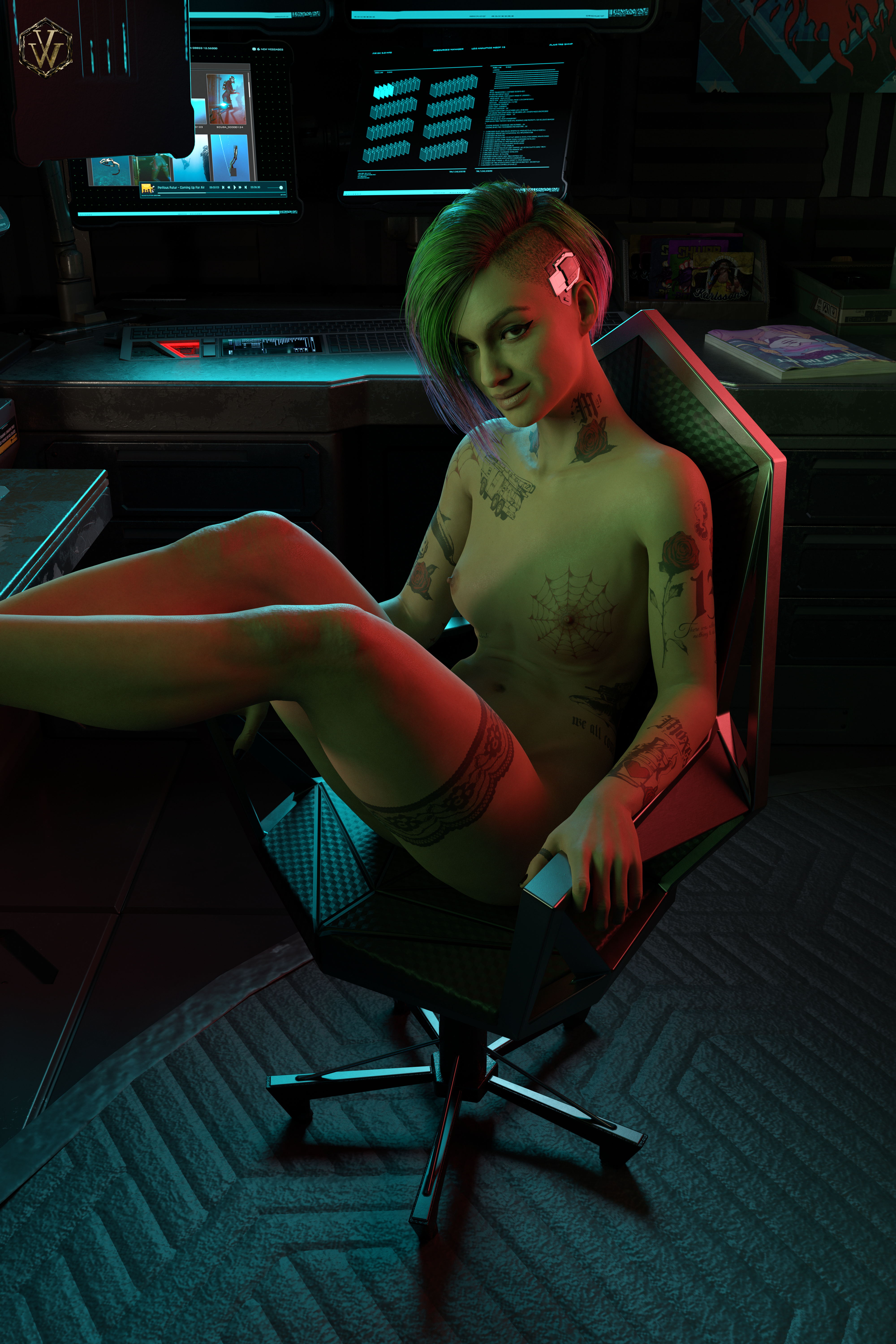1girls, 3d, chair, cyberpunk 2077, desk chair, female, green hair, judy alvarez, legs up, naked, nude, office chair, pink hair, rgb lighting, seated, sitting, tattoo, tattoos, v01dwatcher
