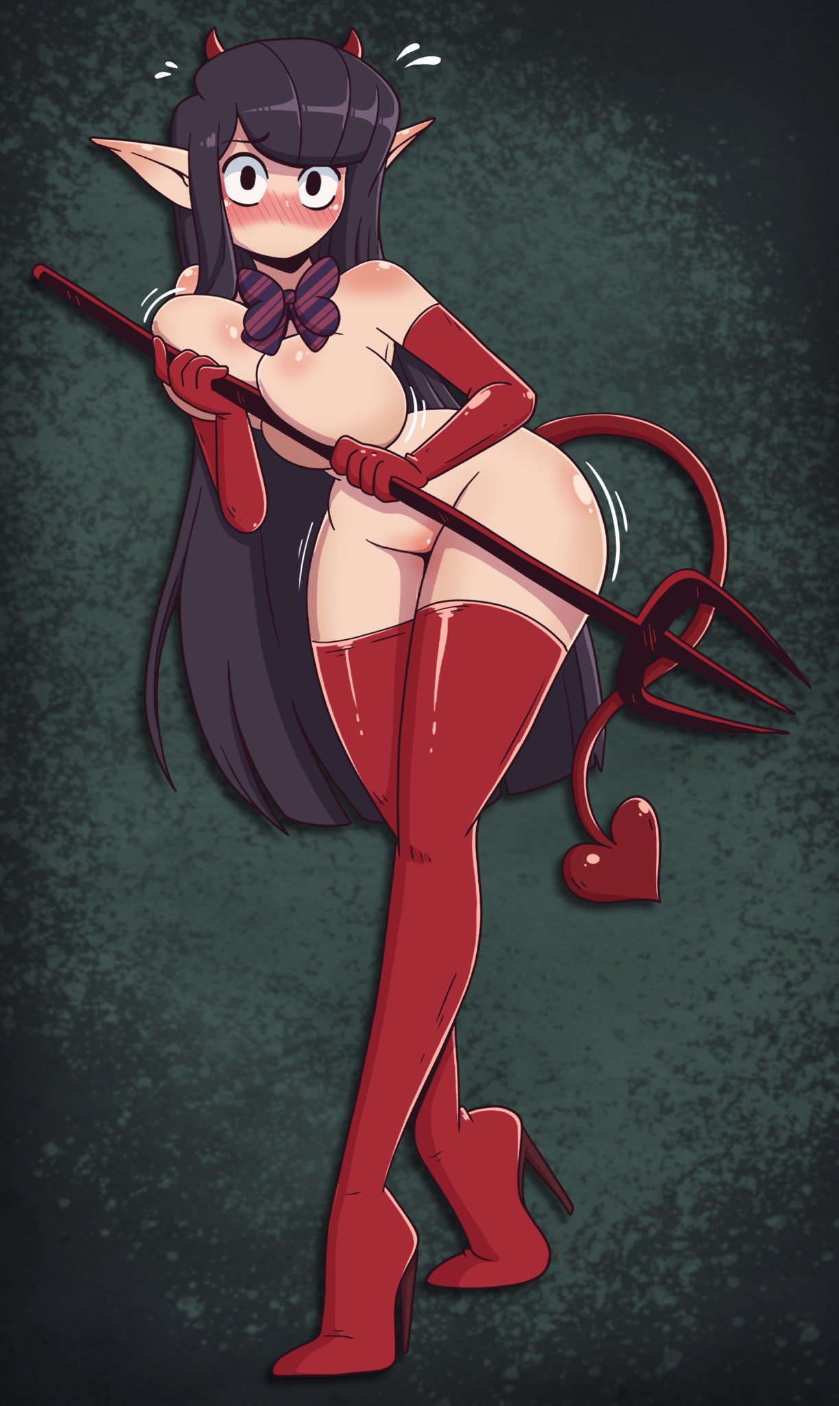 alternate version available, ass, big breasts, blush, breasts, breasts bigger than head, bubble ass, bubble butt, devil, devil horns, devil tail, embarrassed, embarrassed female, female, high heels, huge breasts, komi shouko, komi-san wa komyushou desu, legwear, naked, naked female, shy, thick thighs, trembling, wide hips, wrenzephyr2