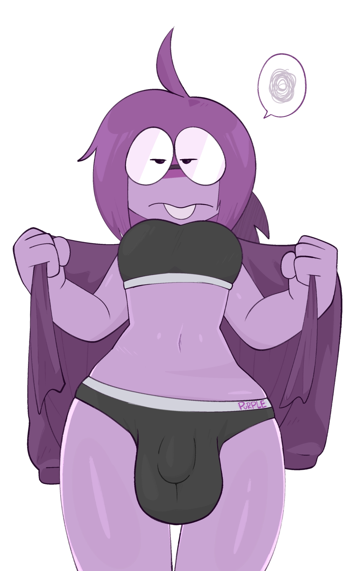 ahoge, annoyed, balls, balls under clothes, ballsack, belly button, black bra, black panties, bra, breasts, buckteeth, bulge, covered penis, crushpepper, deltarune, eyes half open, eyewear, flaccid, frown, glasses, nonbinary, panties, panty bulge, penis, penis focus, penis outline, penis under clothes, purple hair, purple skin, removing clothing, seth (deltarune), solo, stripping, taking clothes off, testicles, underwear, underwear only