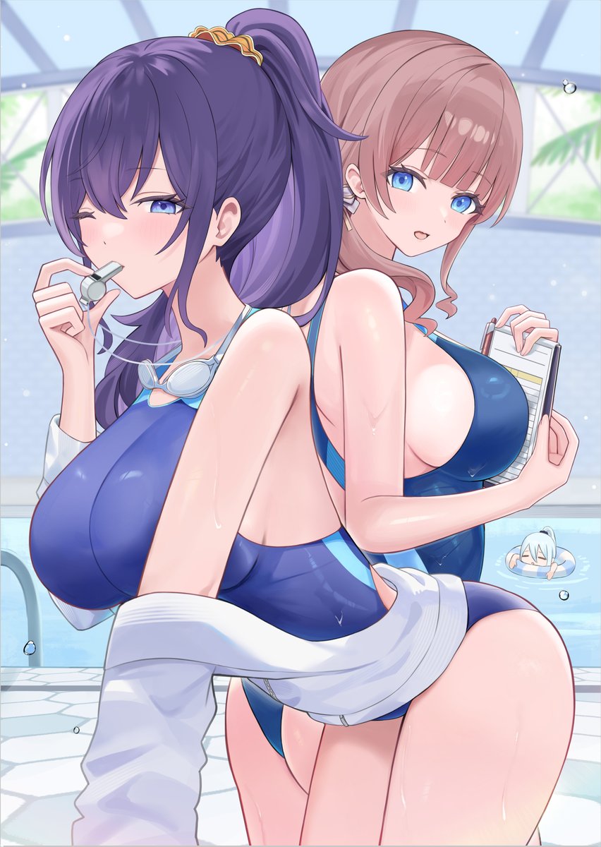 3girls, alternate breast size, asahina mafuyu, blue eyes, indoor pool, large breasts, long hair, mochizuki honami, one eye closed, ponytail, pool, project sekai, purple hair, school swimsuit, sideboob, swim goggles, swim ring, swimsuit, thighs, wet, whistle around neck, yoisaki kanade