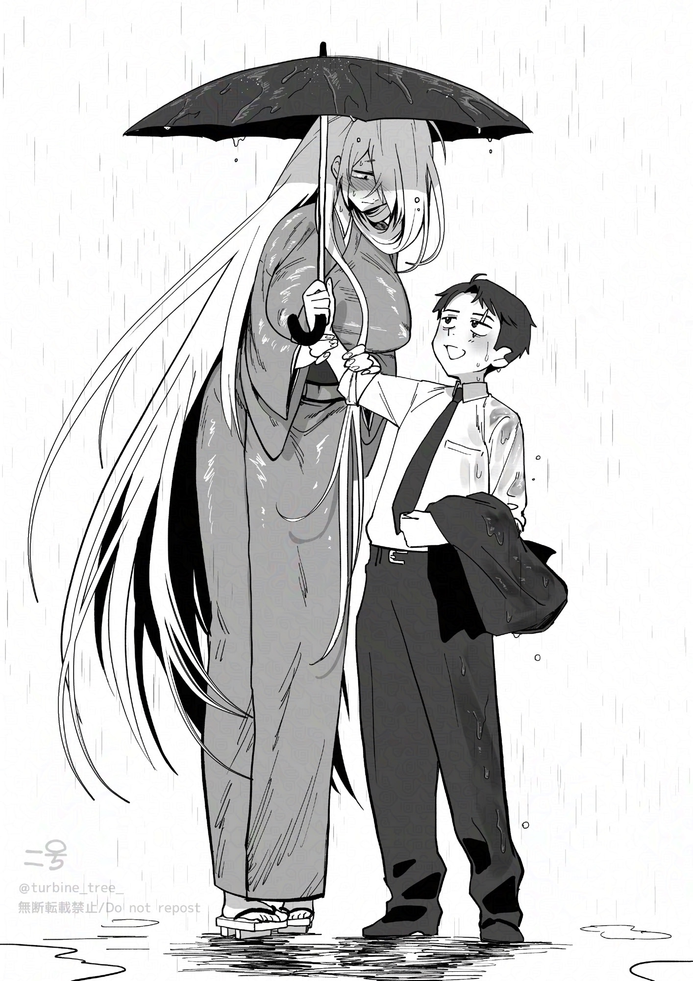 1boy, 1girls, belt, big breasts, blush, breasts, double weight girl, enthusiastic male, female, footwear, full body, gegege no kitarou, genderswap (mtf), geta, ghost girl, hair over one eye, height difference, kimono, kitarou tanjou gegege no nazo, long hair, long legs, male, medama oyaji (human), mizuki (gegege no kitarou), monochrome, necktie, nipple bulge, offering, rain, raining, rule 63, shorter male, standing, tall female, taller female, timid, turbine tree, umbrella, very long hair, wet clothes, wet shirt, wholesome, youkai