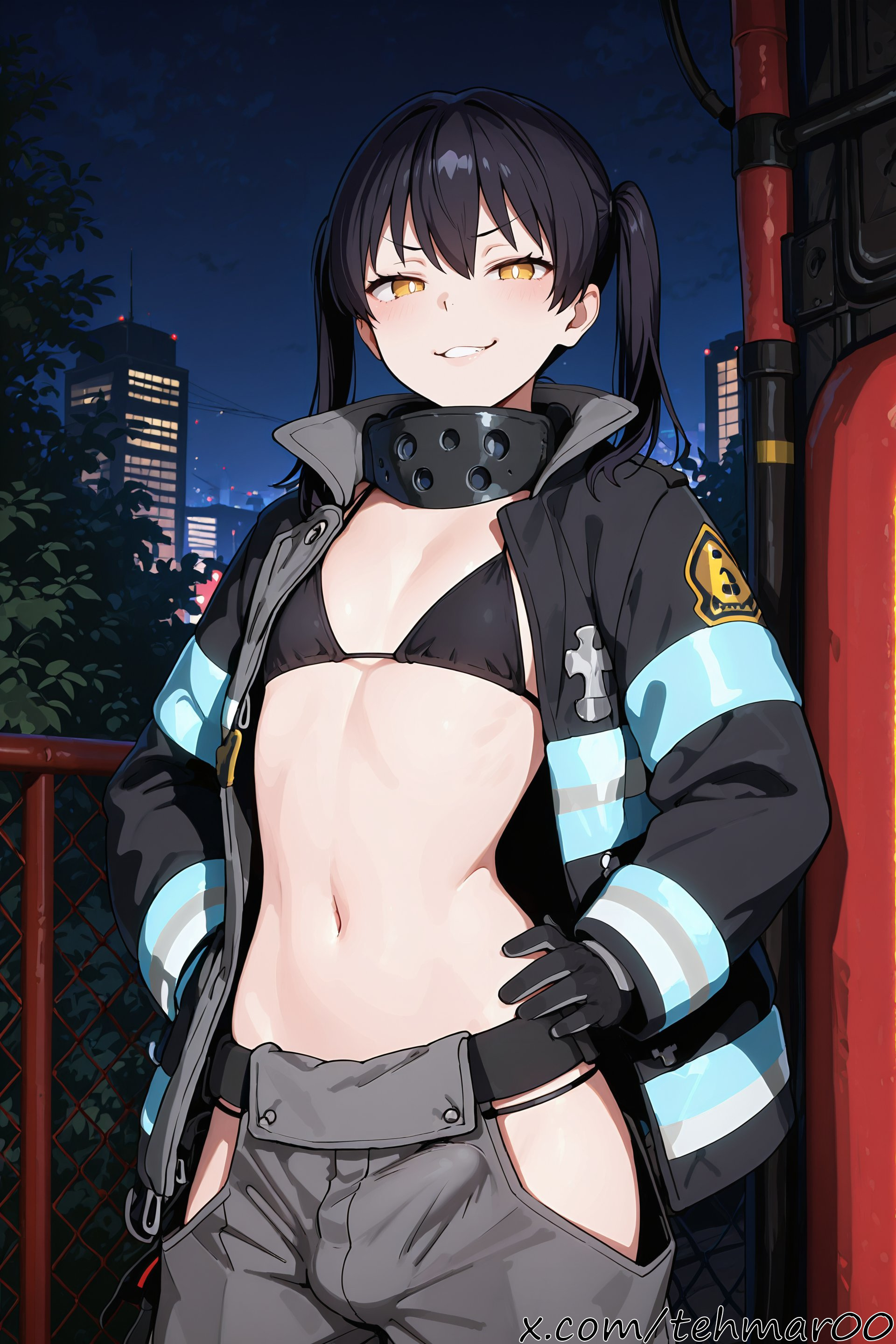 1boy, ai generated, baggy pants, bangs, bikini, bikini top only, black bikini, black coat, black gloves, black hair, building, coat, cowboy shot, enen no shouboutai, eyebrows visible through hair, femboy, fence, fire force, firefighter uniform, flat chest, genderswap (ftm), gloves, grey pants, grin, hair between eyes, hands on hips, hip vent, jacket, kotatsu tamaki, long hair, long sleeves, looking at viewer, male, navel, night, night sky, open clothes, open coat, outdoors, pants, rule 63, smile, solo, standing, tagme, teeth, tehmar, trans woman, transfem, trap, twintails, yellow eyes