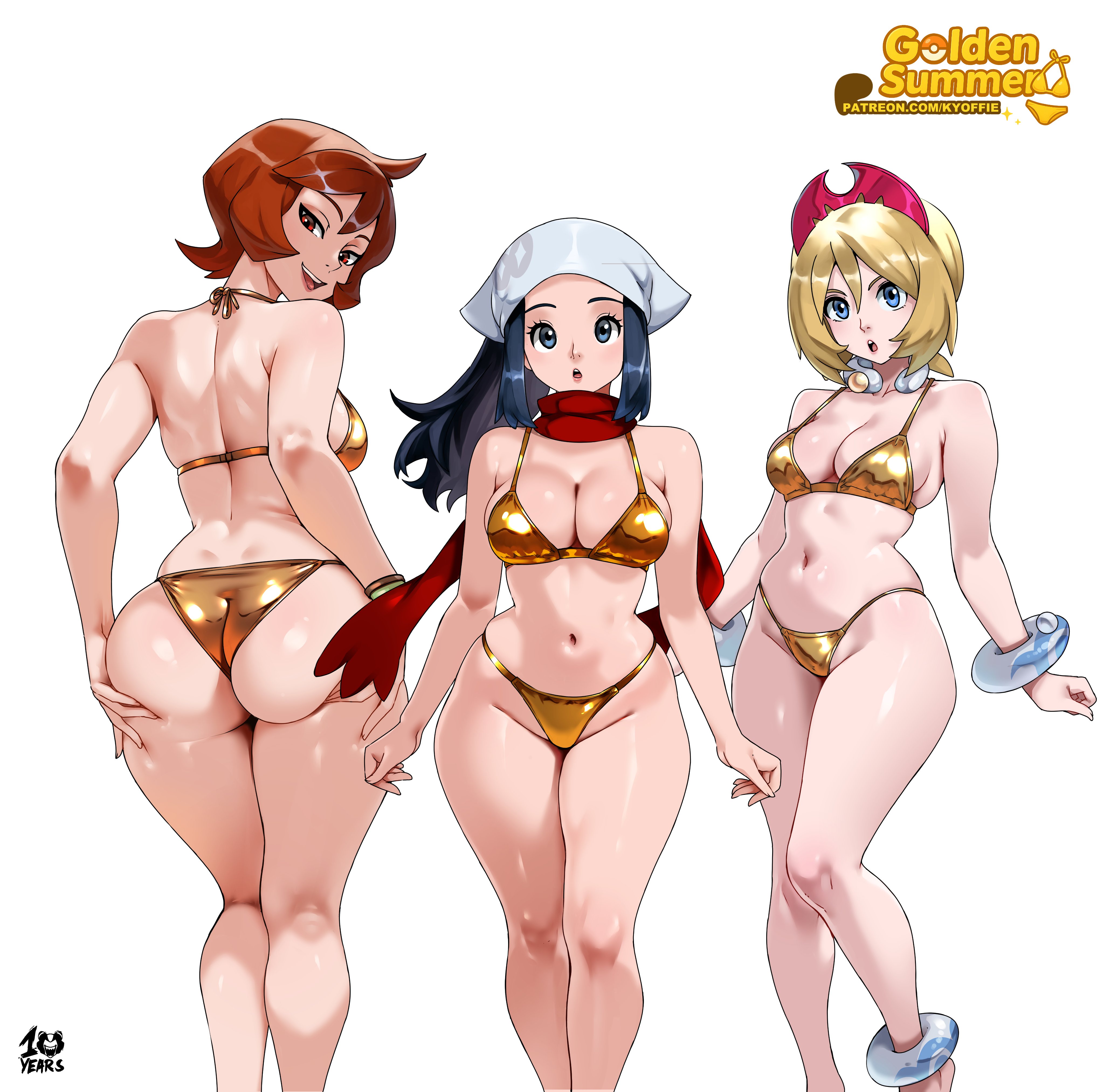 2025, 3girls, akari (pokemon), arezu (pokemon), armwear, ass, big ass, big breasts, blonde hair, blonde-haired female, blue eyes, blue hair, blue-haired female, breasts, female, female only, game freak, gold bikini, groping, groping ass, hat, irida (pokemon), kyoffie, light skin, light-skinned female, nintendo, pale skin, pale-skinned female, patreon, pokemon, pokemon legends: arceus, red eyes, red hair, red-haired female, swimwear, tagme, thick thighs, watermark, white background