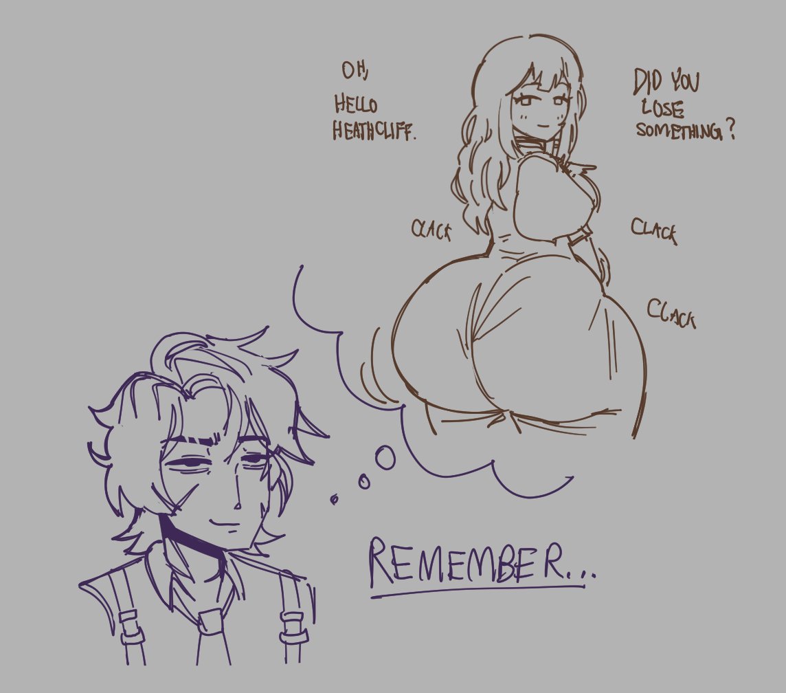 1boy, 1girls, ass, ass focus, ass visible through clothes, big ass, catherine (limbus company), dotodonoto, dress, female, heathcliff (limbus company), huge ass, limbus company, male, massive ass, project moon, text, thinking, thought bubble, twerking