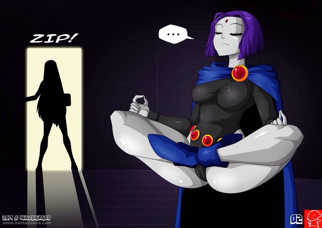 ..., 2014, 2girls, breast expansion, breast growth, breast growth (enlargement), breasts, clothing, comic, cross-legged, crossed legs, dc, dc comics, english text, expansion, female, floating, human, lotus position, magic, meditating, meditation, page 2, rachel roth, raven (dc), starfire, teen titans, thick thighs, transformation, witchking00
