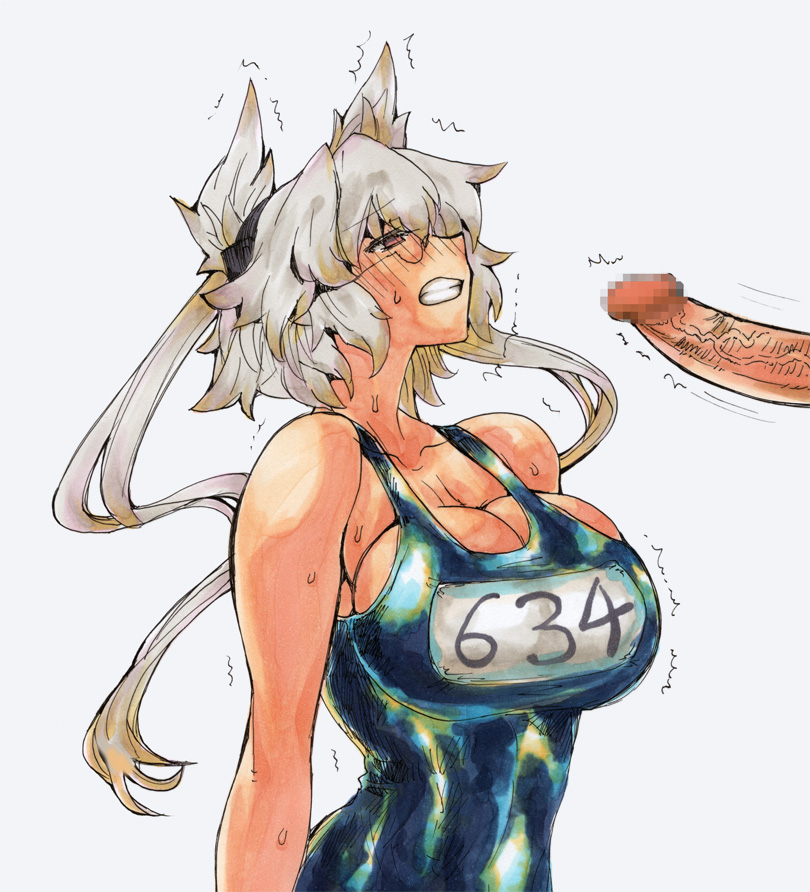 1boy blush breasts brown_eyes censored cleavage clenched_teeth dark_skin disembodied_penis female glasses huge_breasts kantai_collection kikuta marker_(medium) millipen_(medium) mosaic_censoring musashi_(kantai_collection) one-piece_swimsuit penis school_swimsuit semi-rimless_glasses silver_hair simple_background sweat swimsuit text traditional_media translation_request trembling two_side_up under-rim_glasses