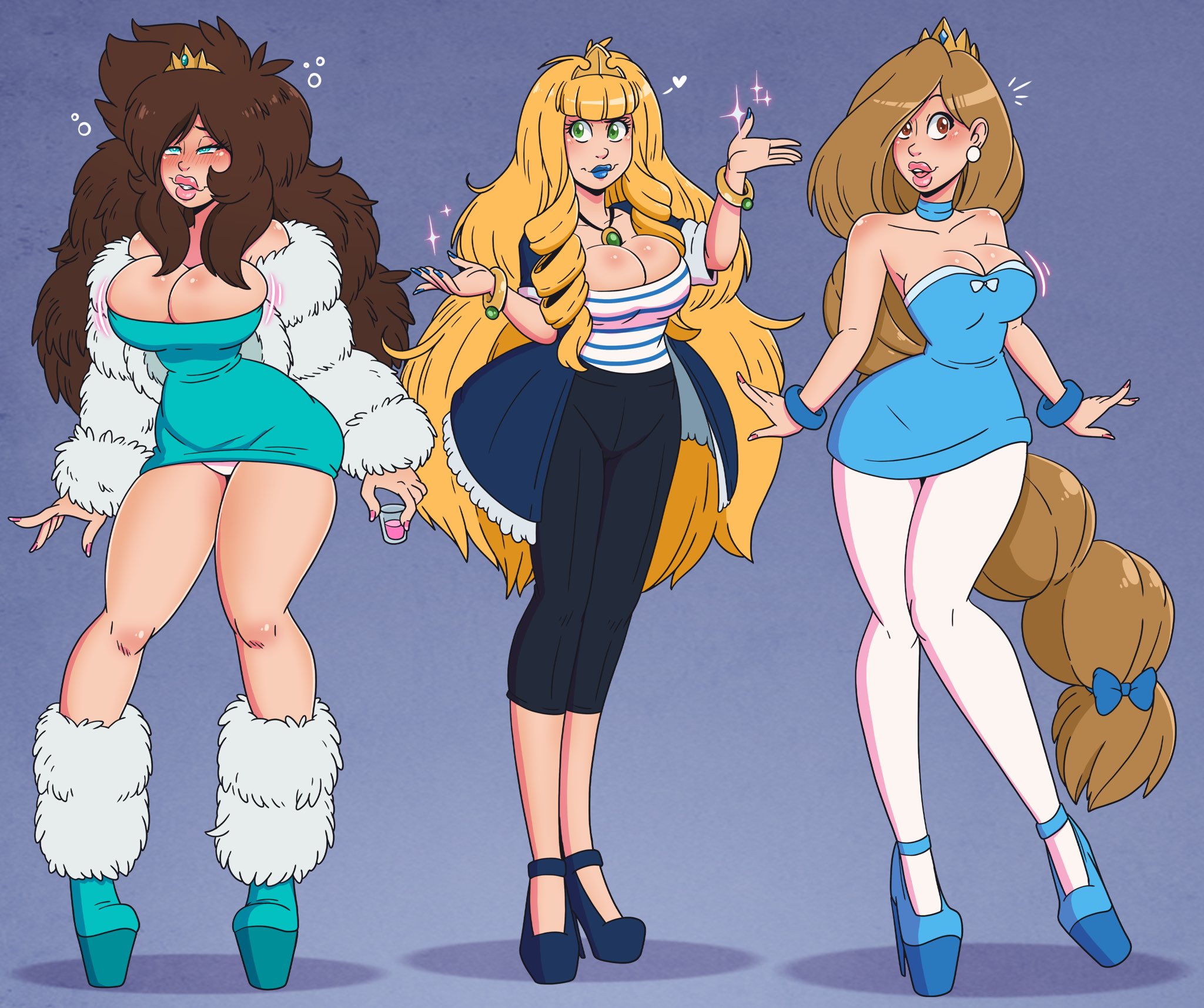 3girls, ass, big ass, big breasts, bimbo, bimbos, blonde hair, breasts, brown hair, bubble ass, bubble butt, dress, female, high heel boots, high heels, huge breasts, panties, platform heels, wide hips, wrenzephyr2