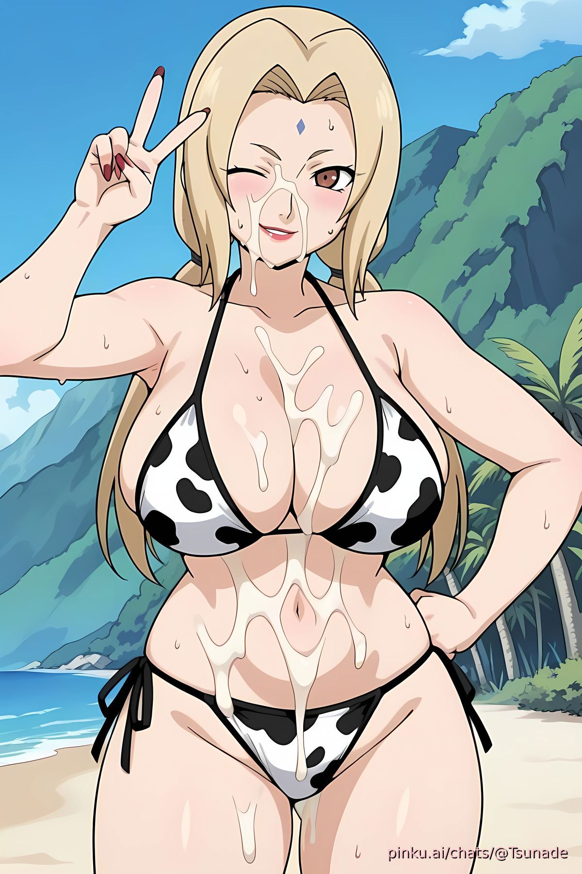 ai generated, beach, bikini, breasts, cow print bikini, cowboy shot, cum, cum on breasts, cum on face, cum on stomach, female, frontal, hand on hip, naruto, naruto (series), naruto shippuden, peace sign, pinku.ai, side-tie bikini, smirk, solo, sweat, thick thighs, tsunade, wink