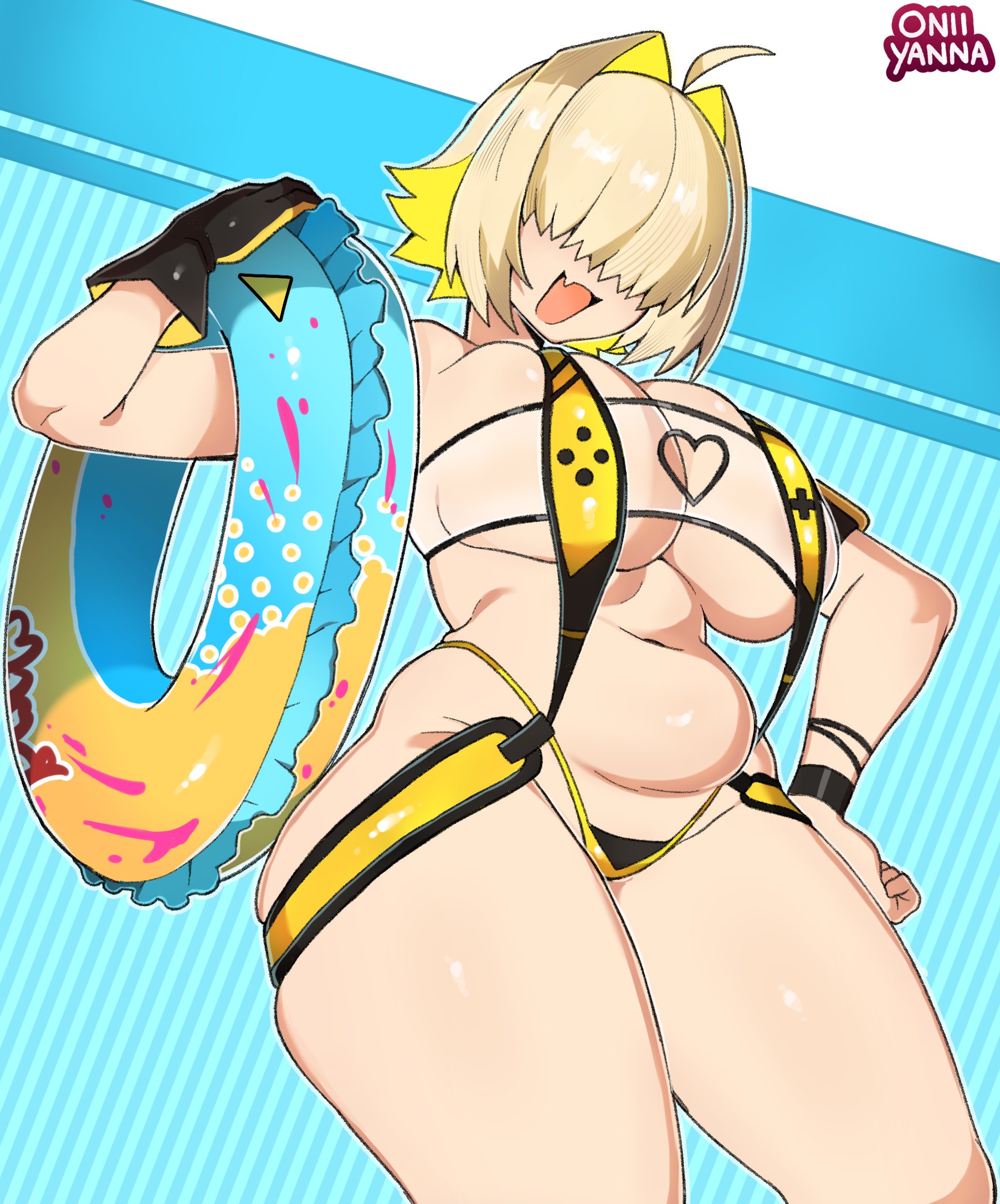 1girls, 2025, 2d, 2d (artwork), 2d artwork, absurd res, absurdres, ahoge, bangs, bangs over eyes, belly, belly button, big breasts, bikini, blonde female, blonde hair, blunt bangs, boob window, breast squish, breasts, chubby, chubby female, cleavage, clothed, clothed female, clothing, cowlick, curvaceous, curvaceous female, curvaceous figure, curves, curvy, curvy body, curvy female, curvy figure, curvy hips, curvy thighs, elegg (boom and shock) (nikke), elegg (nikke), eyes covered, female, female only, floatie, front view, goddess of victory: nikke, hair over eyes, hi res, highres, hourglass figure, huge breasts, large breasts, light skin, light-skinned female, looking at viewer, midriff, navel, oerba yun fang, oniiyanna, plump, revealing clothes, sideboob, skin fang, skindentation, sling bikini, slingshot swimsuit, smile, smiling, smiling at viewer, solo, solo female, stomach, summer, swimsuit, swimwear, thick, thick hips, thick legs, thick thighs, thighs, two-tone hair, voluptuous, voluptuous female, watermark, wide hips, yellow hair