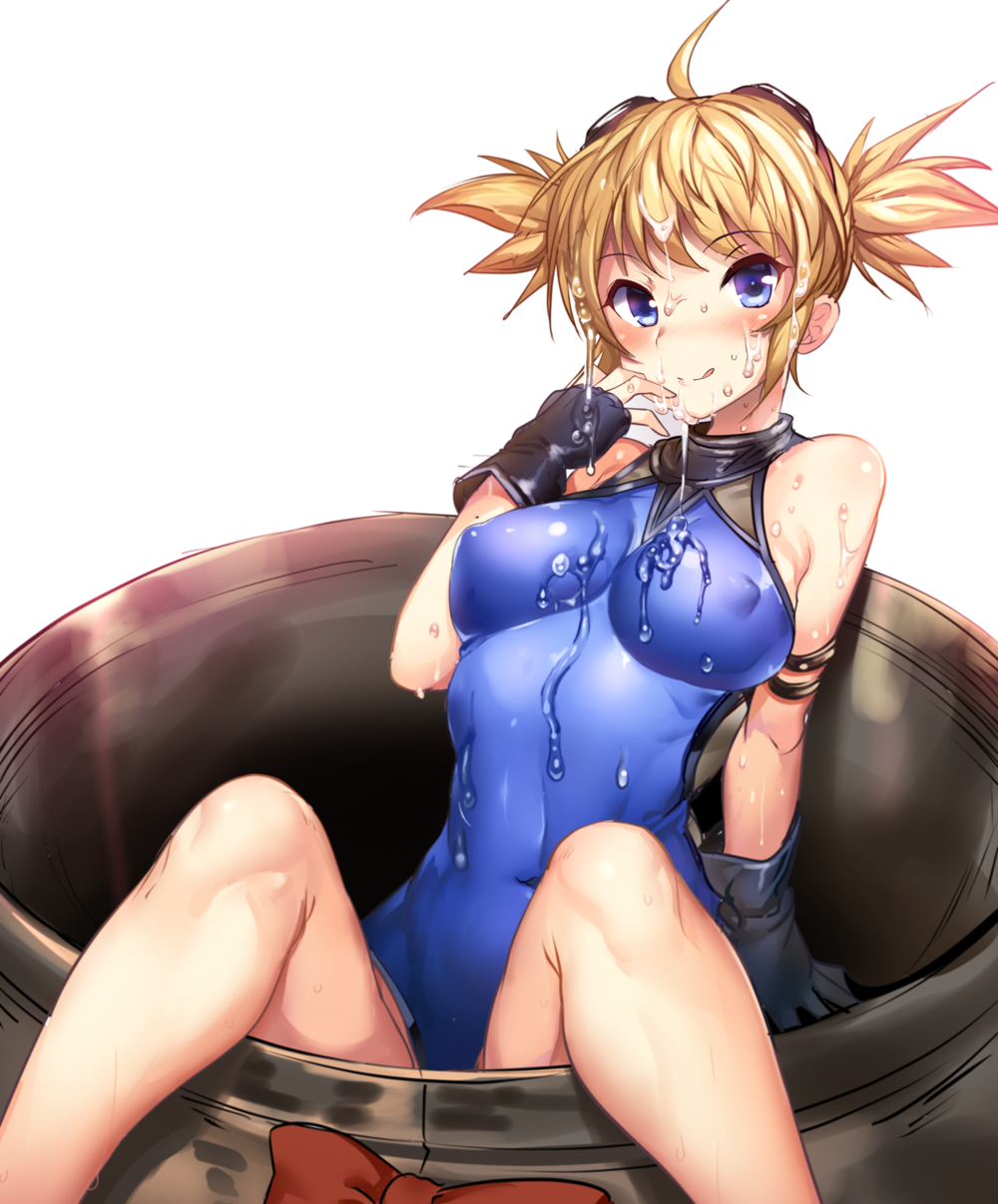 ajishio black_gloves blonde_hair blue_eyes blush covered_navel cum cum_on_body cum_on_upper_body erect_nipples facial female fingerless_gloves gloves goggles goggles_on_head granblue_fantasy highres impossible_clothes long_hair pengy_(granblue_fantasy) short_twintails simple_background sitting smile solo tied_hair tongue tongue_out twintails